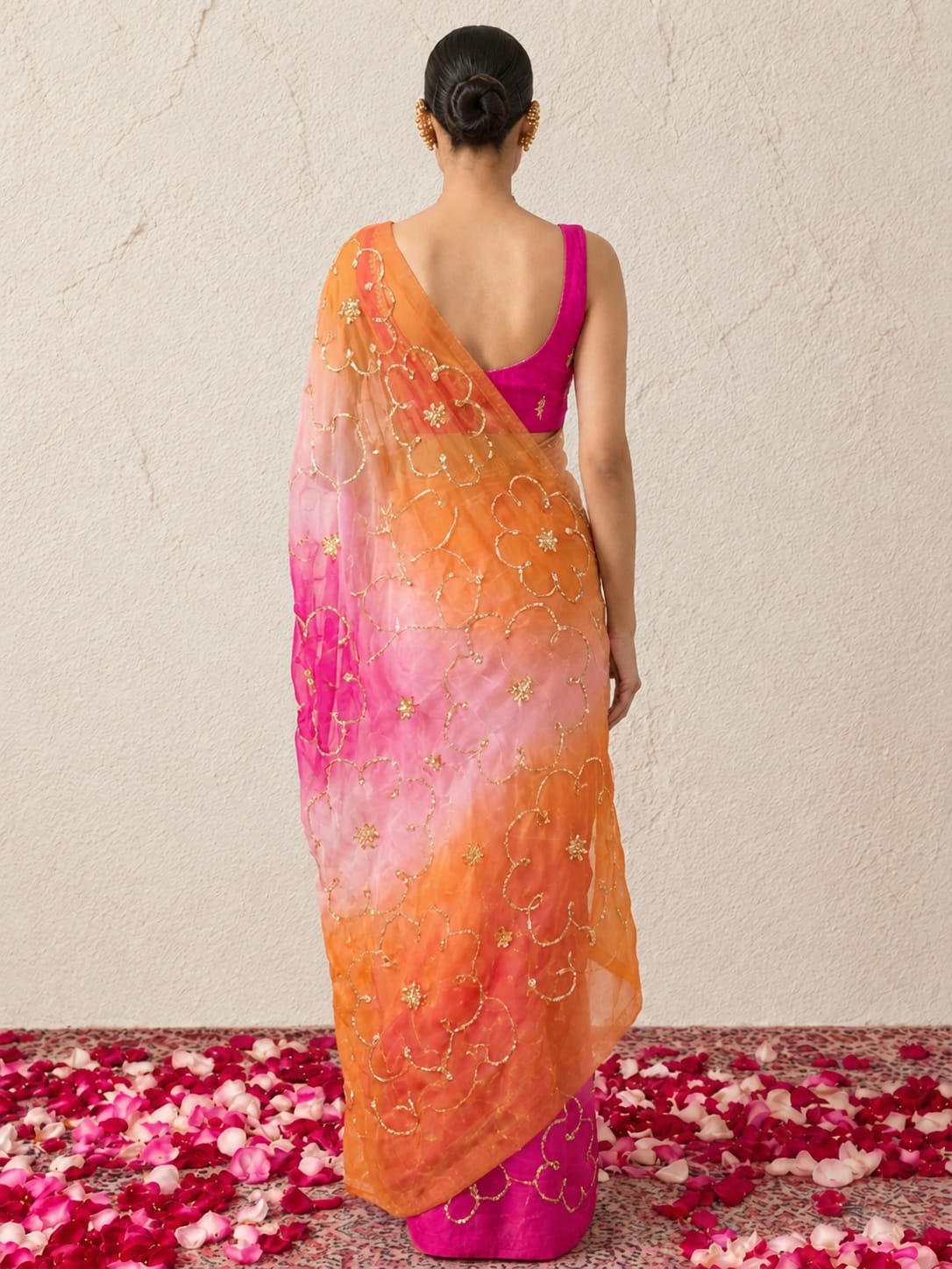 Pink and Orange Ombre Gota Patti Pure Silk Chiffon Saree with Crepe Blouse Fabric