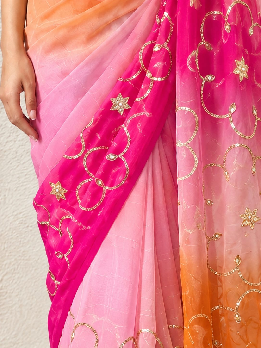 Pink and Orange Ombre Gota Patti Pure Silk Chiffon Saree with Crepe Blouse Fabric