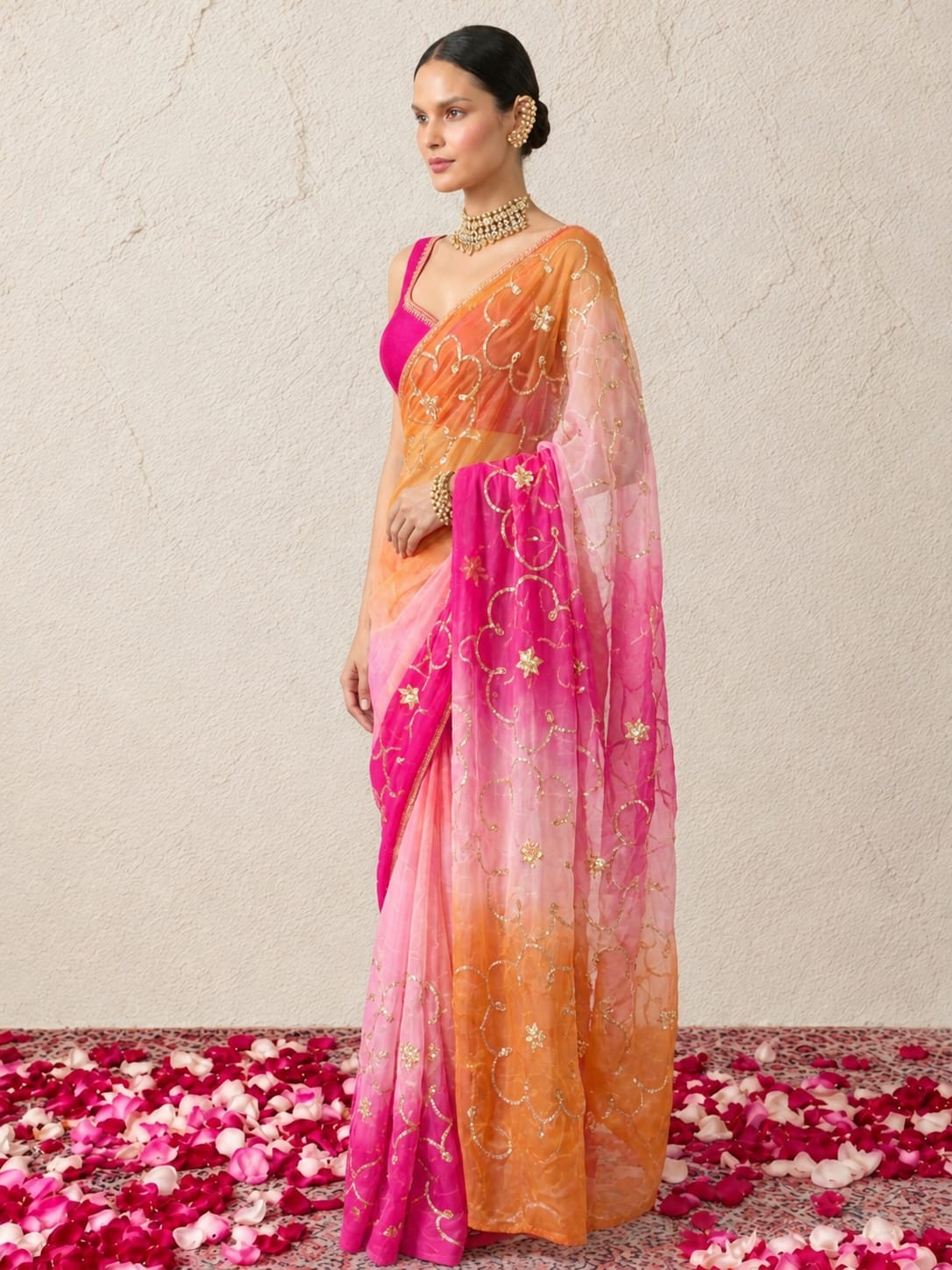 Pink and Orange Ombre Gota Patti Pure Silk Chiffon Saree with Crepe Blouse Fabric