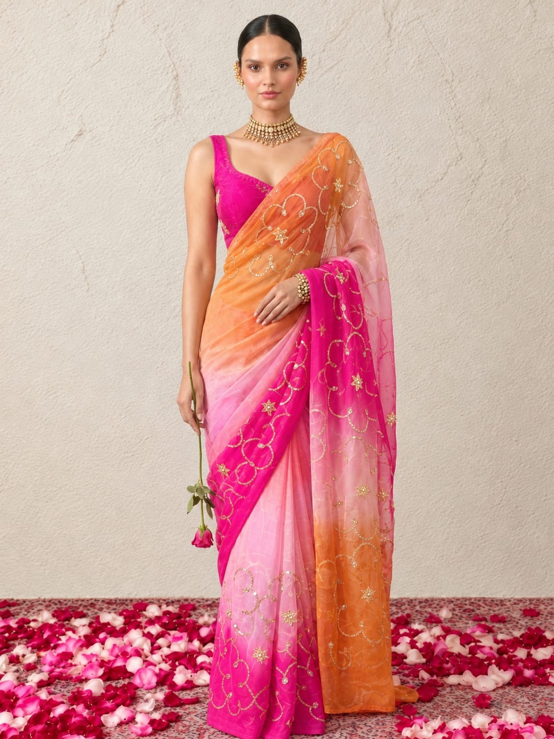 Pink and Orange Ombre Gota Patti Pure Silk Chiffon Saree with Crepe Blouse Fabric