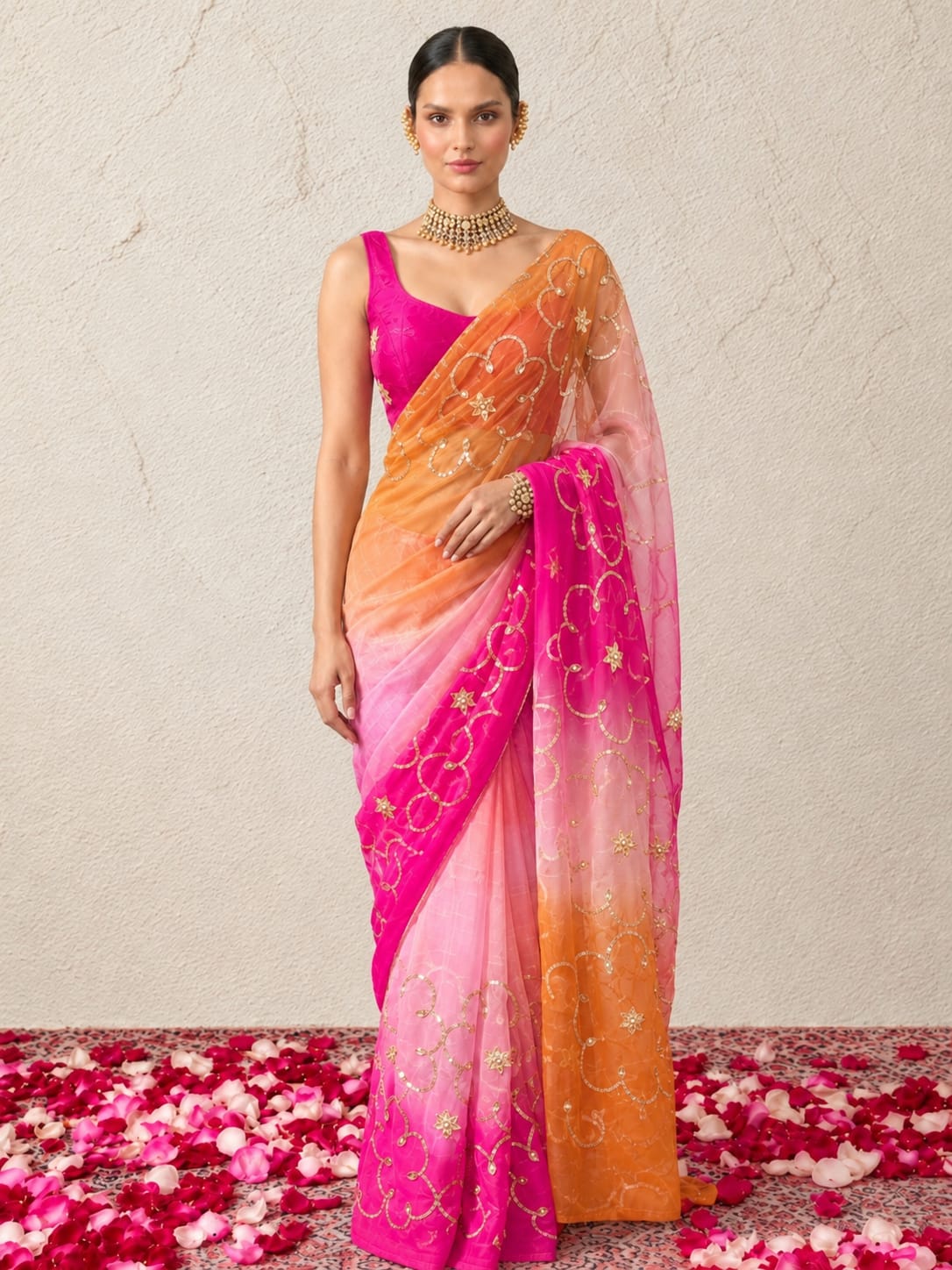Pink and Orange Ombre Gota Patti Pure Silk Chiffon Saree with Crepe Blouse Fabric