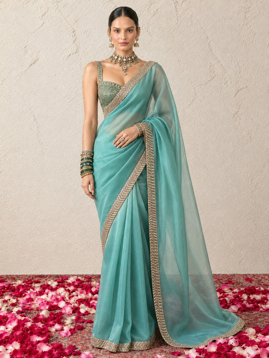Blue Magic Chiffon Gold Edge Saree with Blouse Fabric