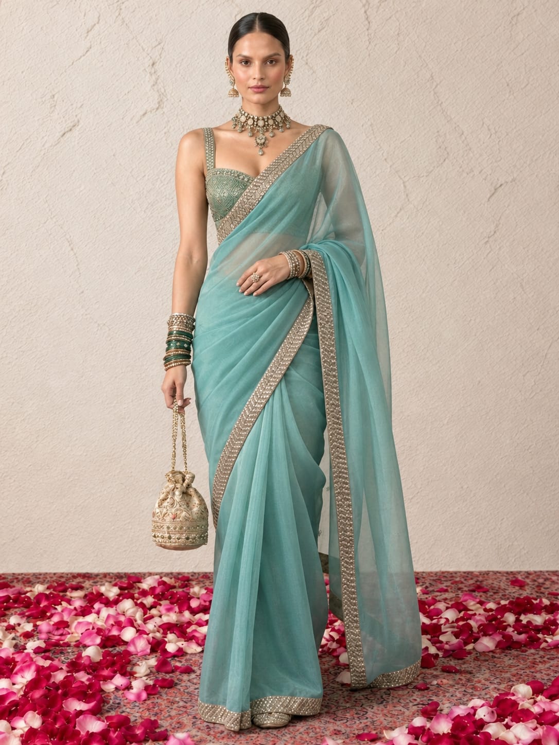 Blue Magic Chiffon Gold Edge Saree with Blouse Fabric