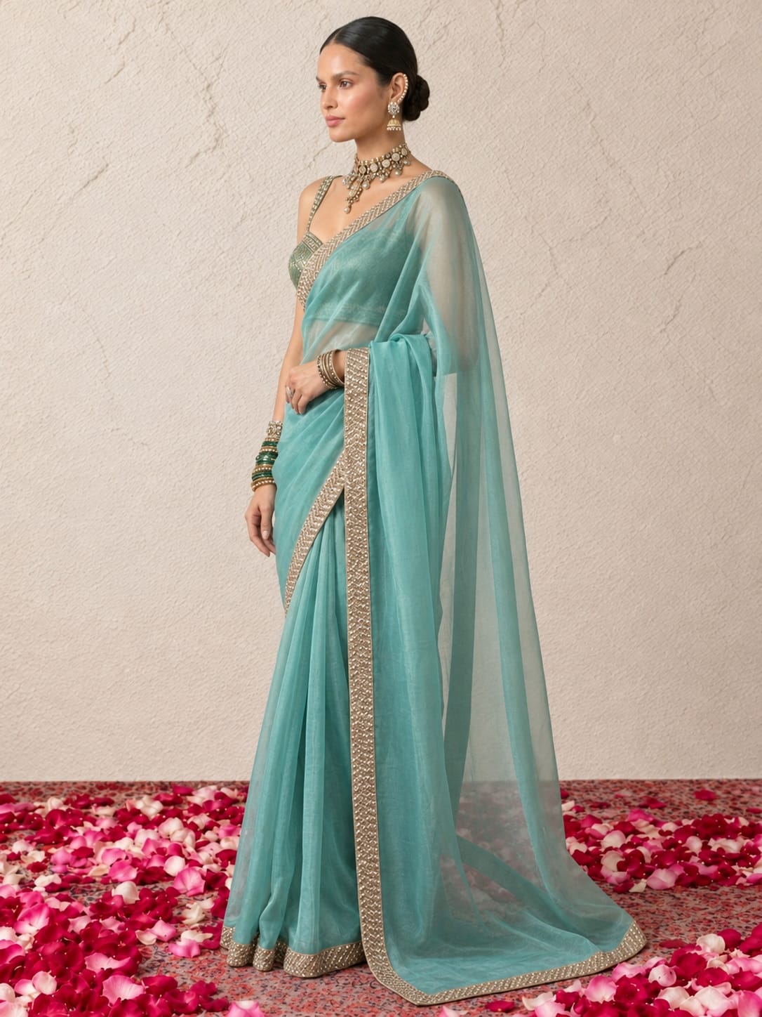 Blue Magic Chiffon Gold Edge Saree with Blouse Fabric