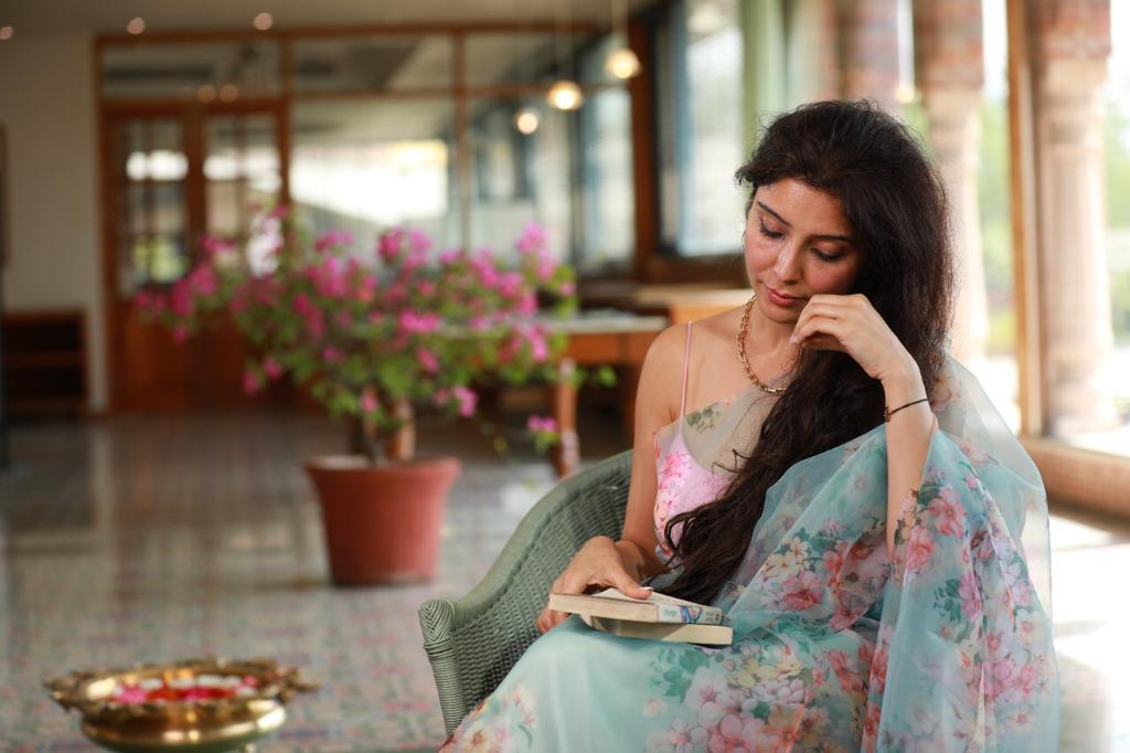 Spring bloom mint organza saree — view 2