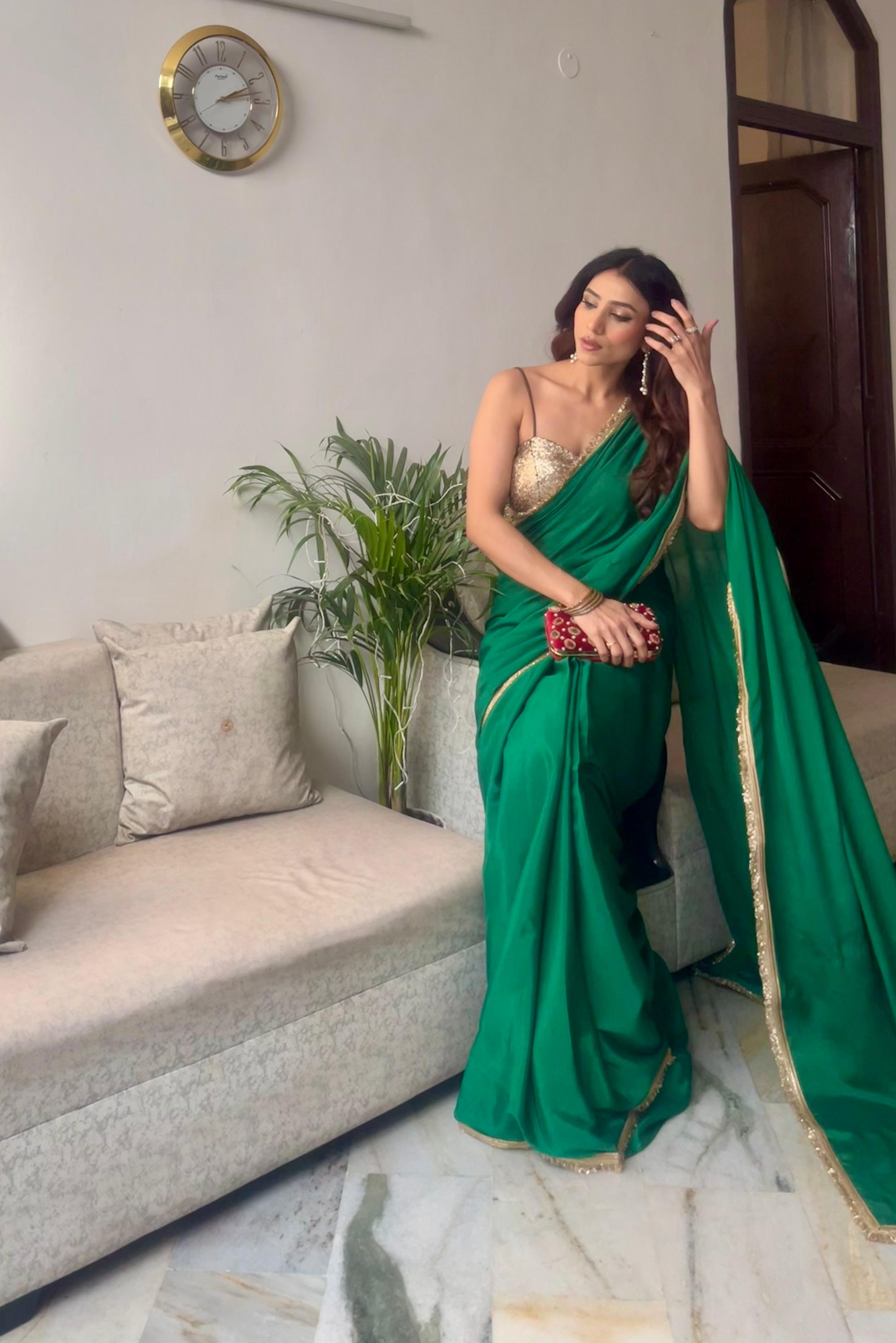 Crepe Green Saree with Sequin Laces and Self Blouse Fabric