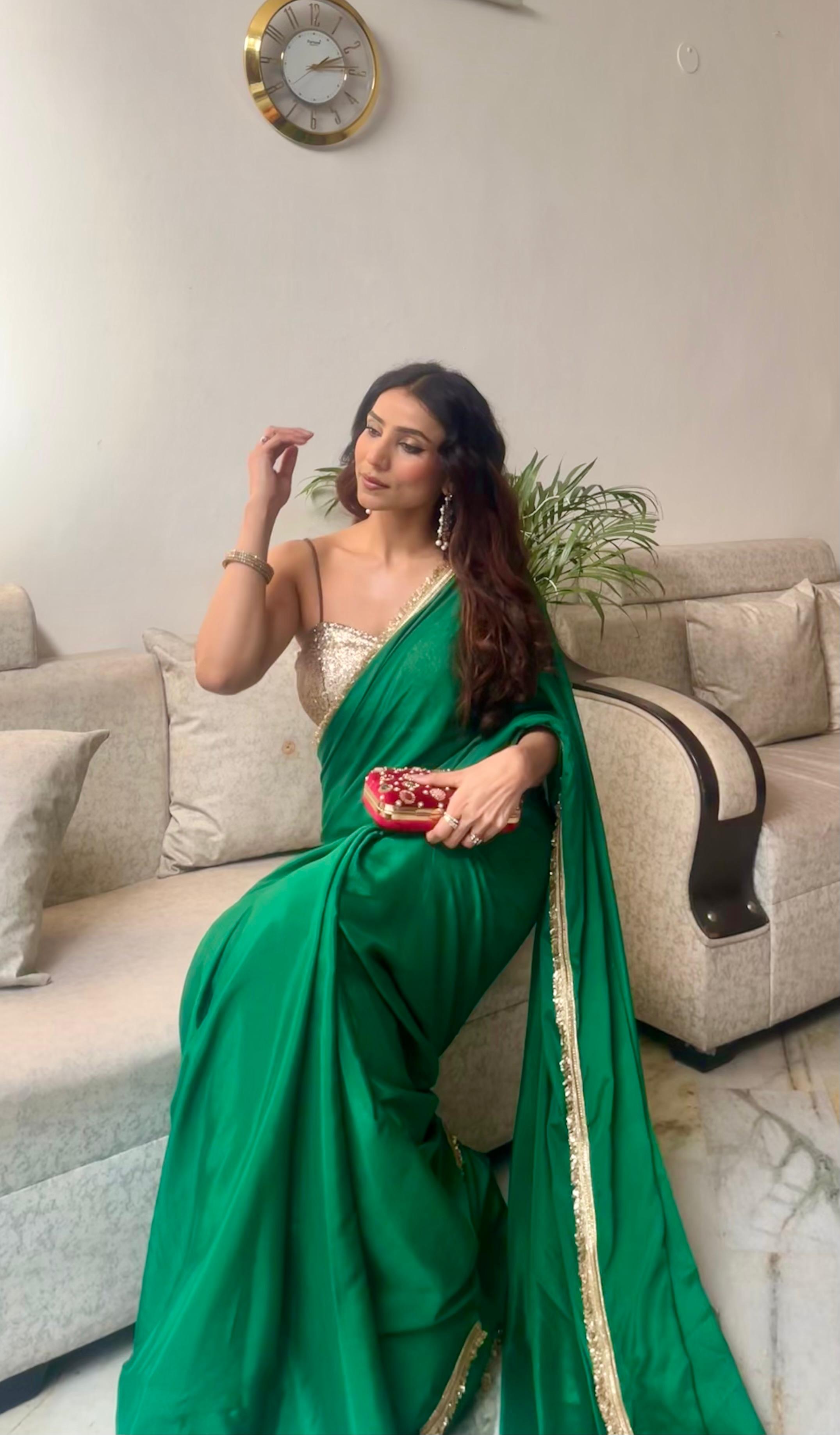 Crepe Green Saree with Sequin Laces and Self Blouse Fabric