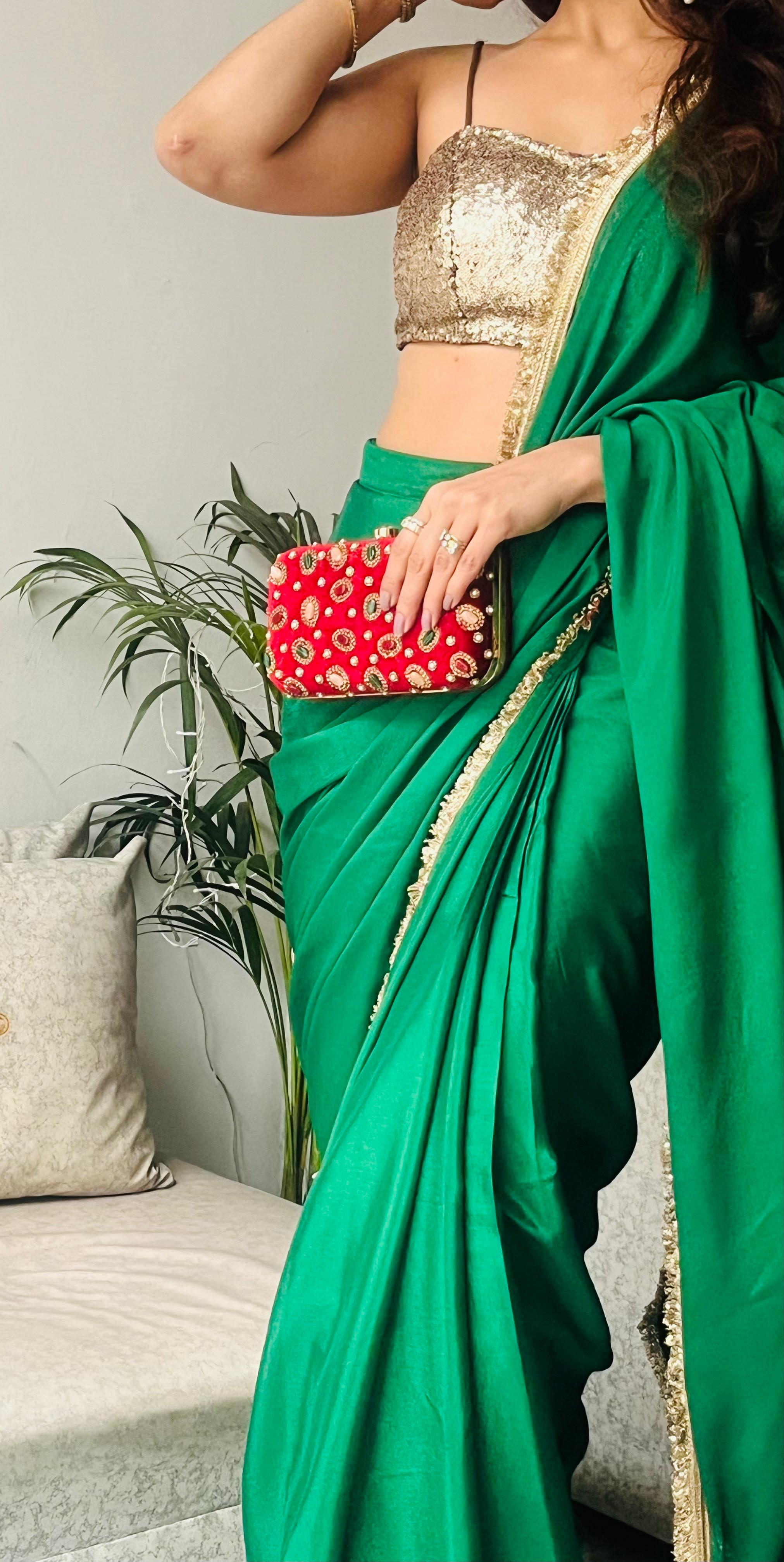 Crepe Green Saree with Sequin Laces and Self Blouse Fabric