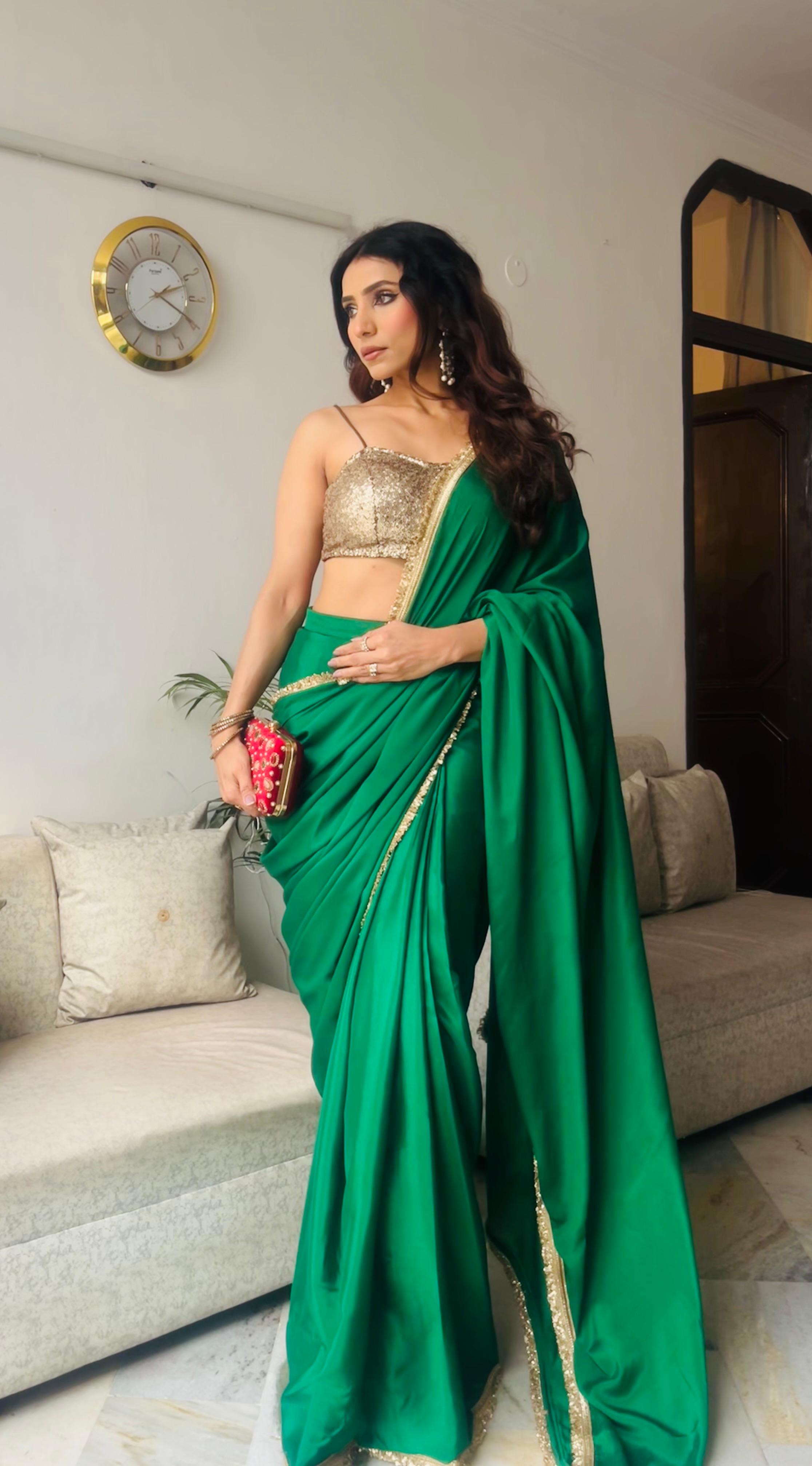 Crepe Green Saree with Sequin Laces and Self Blouse Fabric