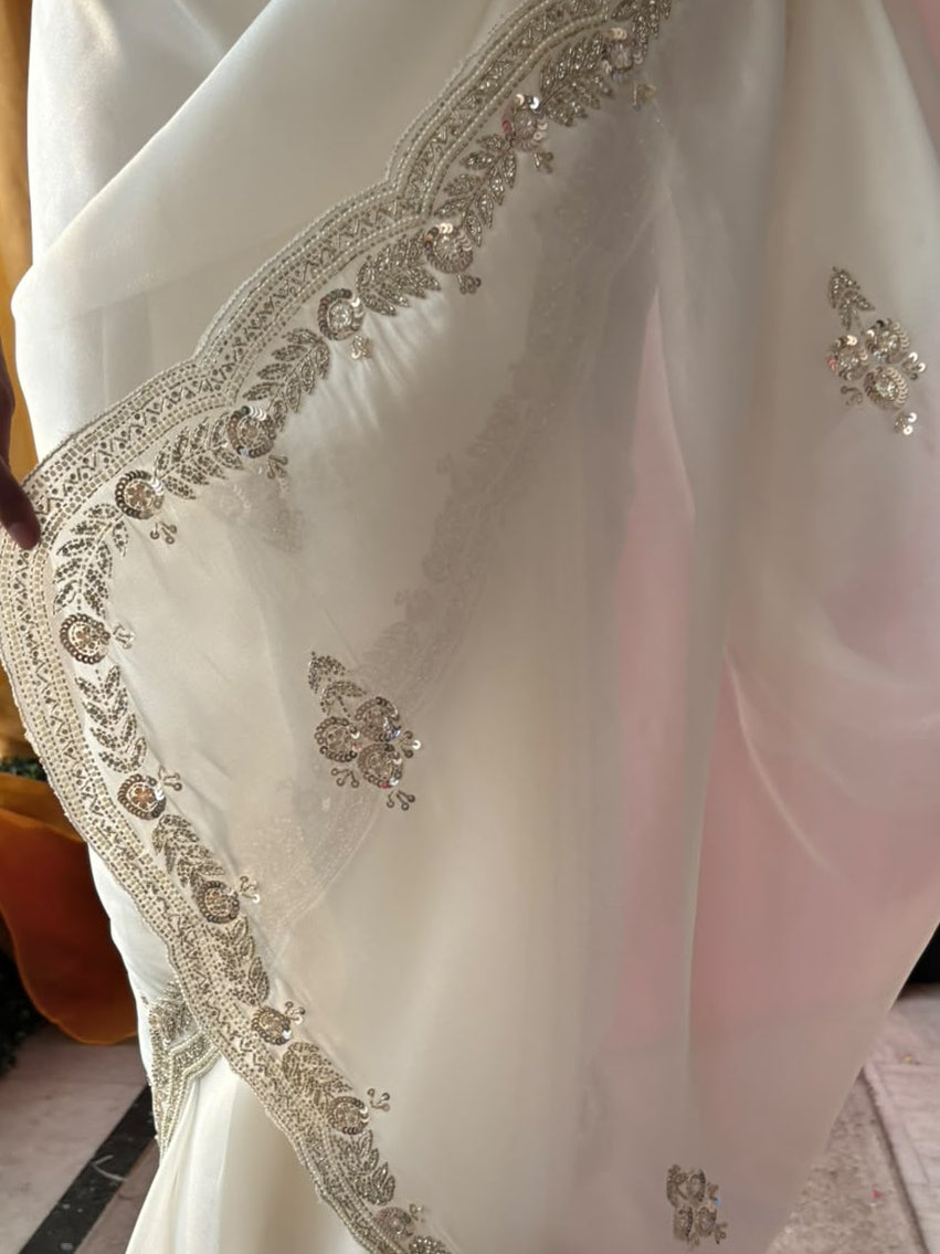 Cream Organza Scalloped Hand Cut Dana Saree with Matching Beaded Blouse Fabric