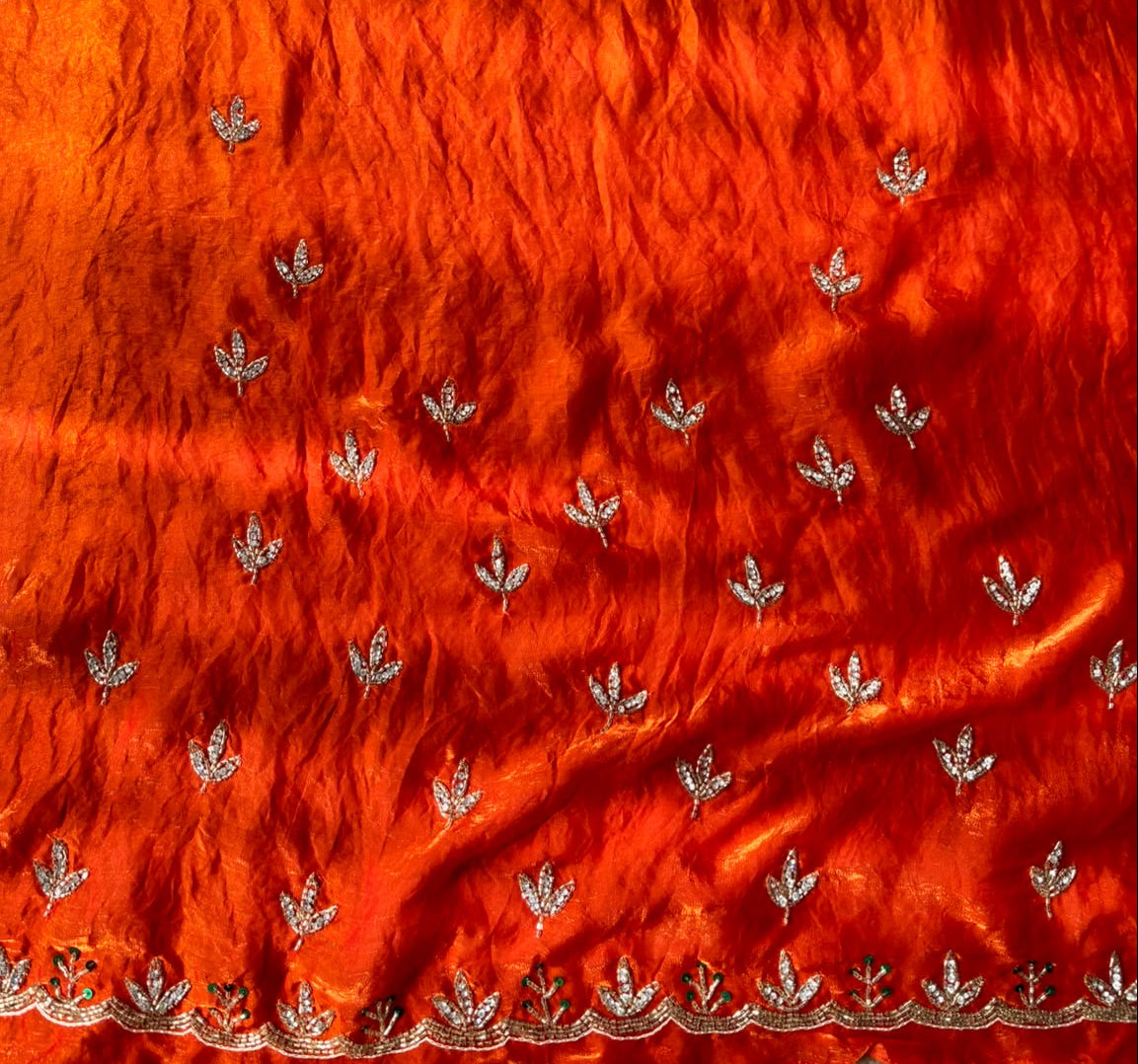 Orange Metallic Satin Scalloped Leaf Hand Beaded Saree with Matching Beaded Blouse Fabric