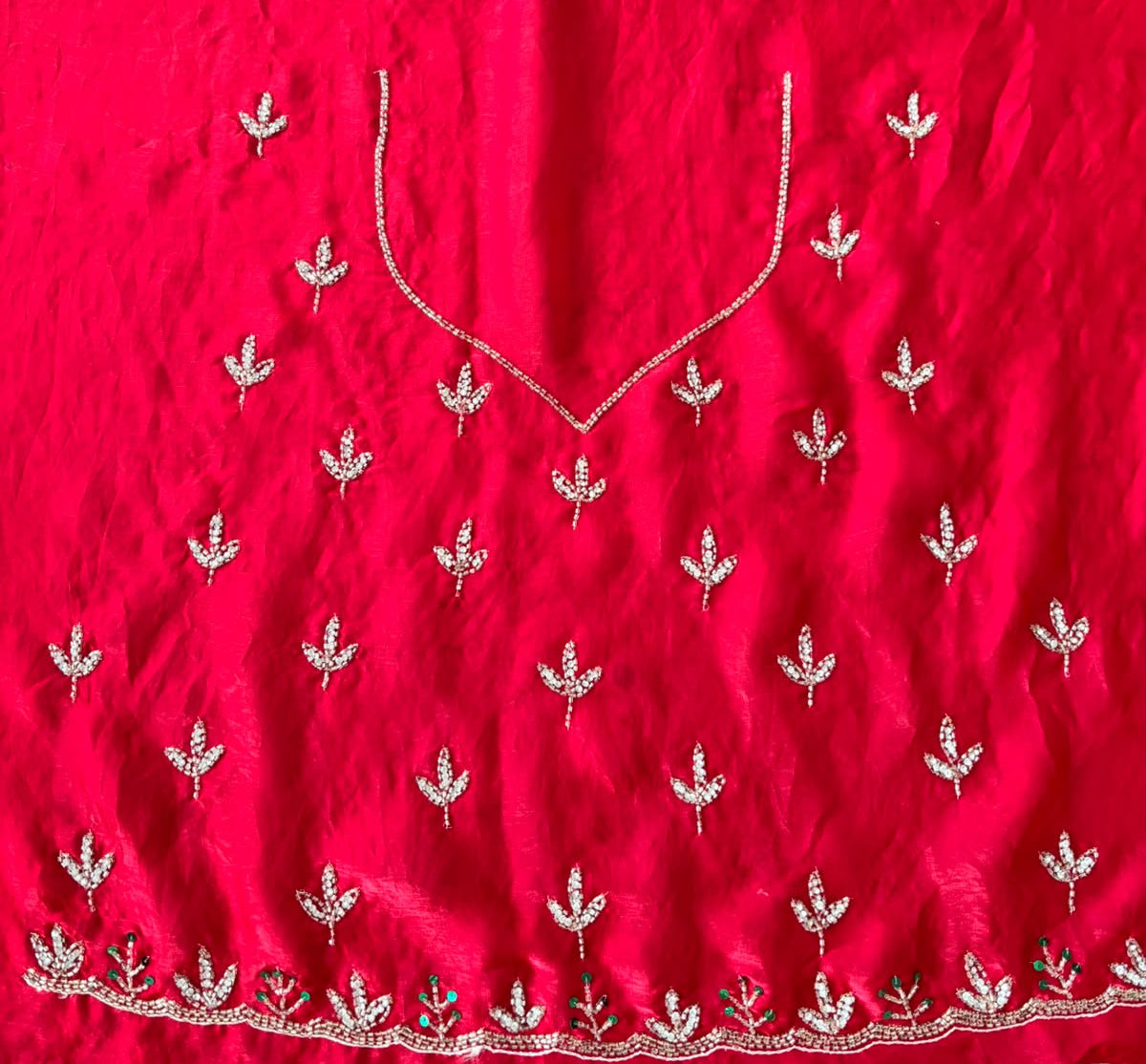 Red and Pink Metallic Satin Scalloped Leaf Hand Beaded Saree with Matching Beaded Blouse Fabric