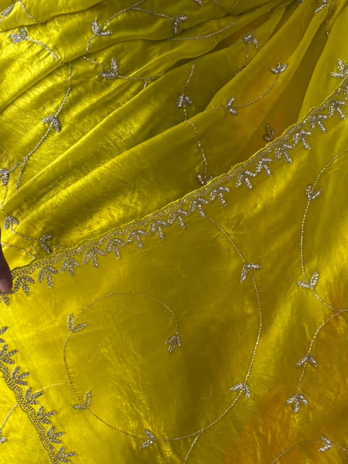 Lime Metallic Satin Allover Hand Beaded Cut Dana Saree with Matching Beaded Blouse Fabric