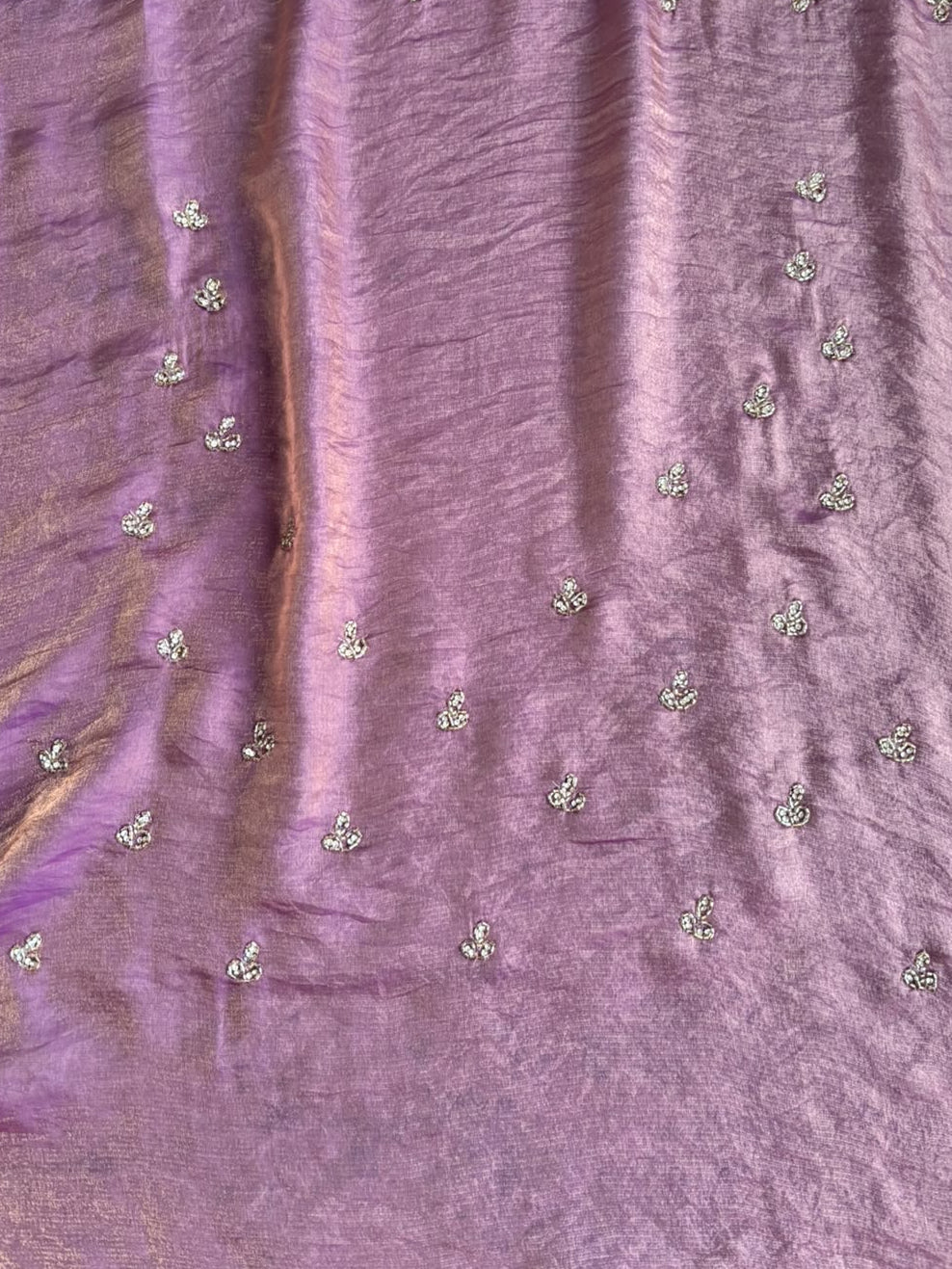 Lilac Metallic Satin Hand Beaded Cut Dana Saree with Beaded Long Sleeve Matching Blouse Fabric