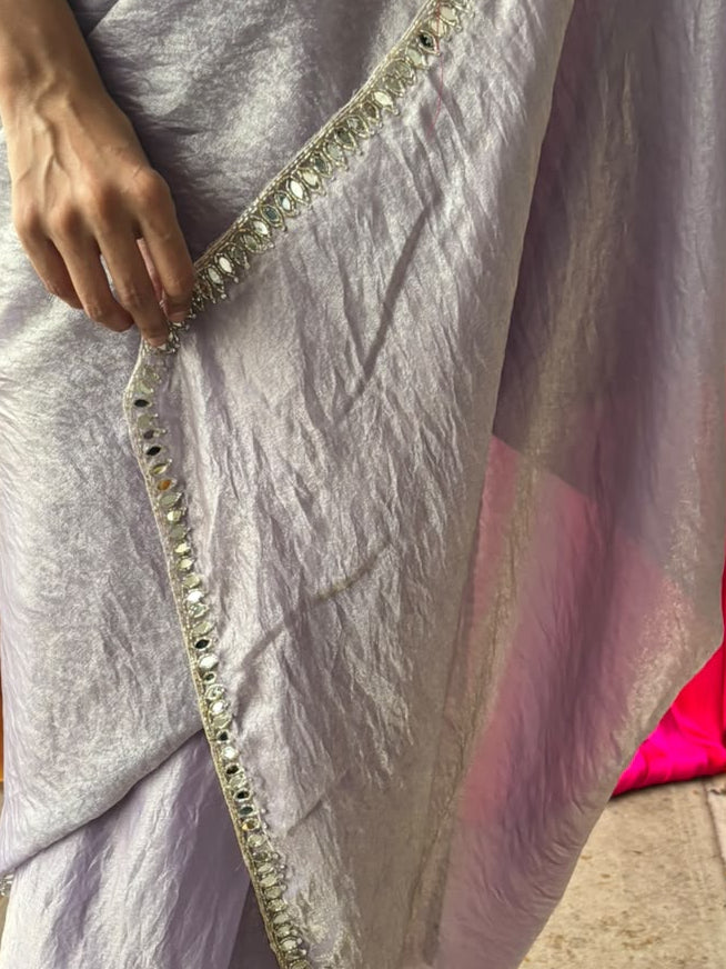 Lilac Mirror Metallic Satin Hand Beaded Cut Dana Saree with Border and Matching Blouse Fabric