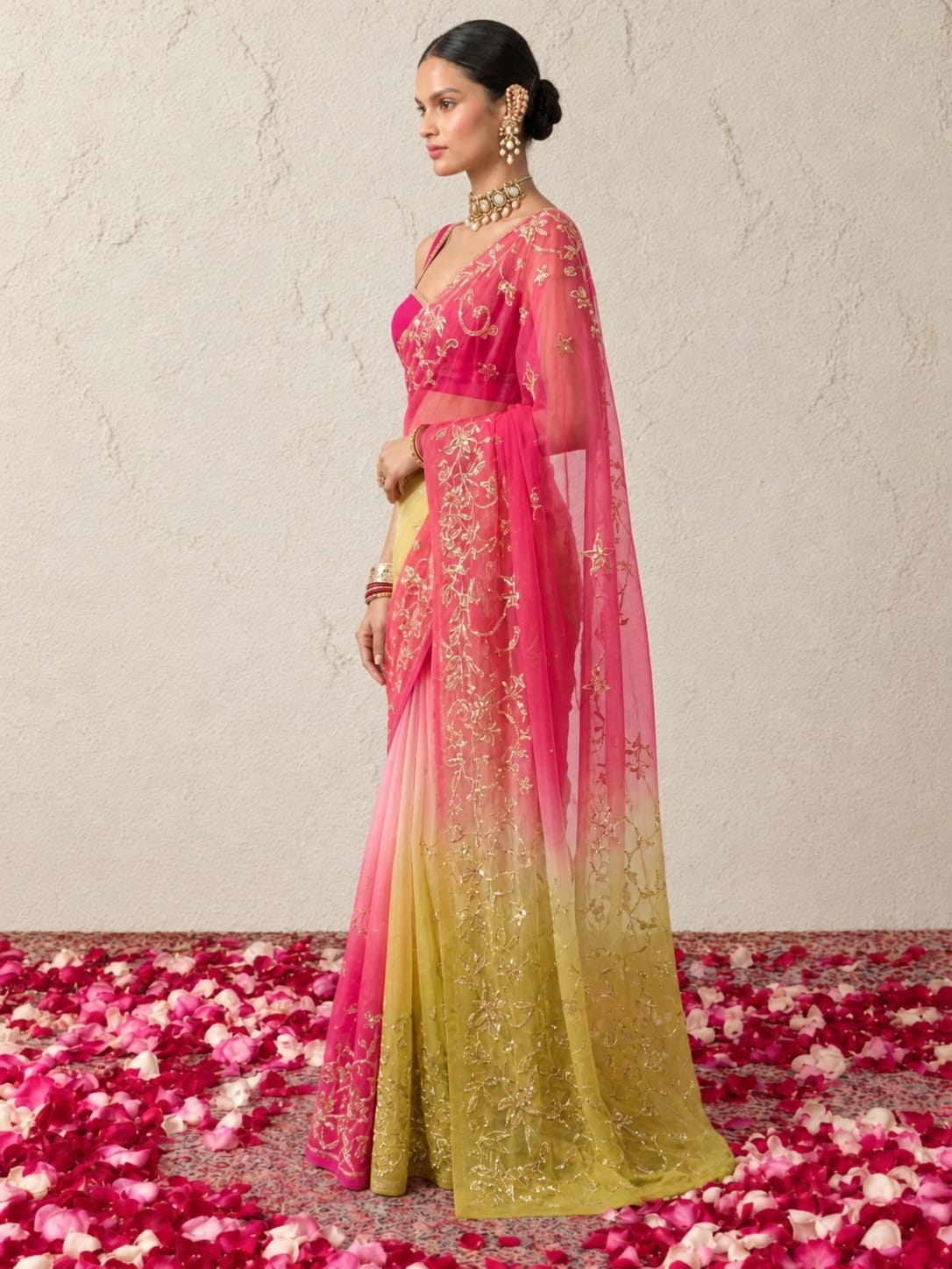 Pink and Yellow Ombre Gota Patti Kairi Border Pure Silk Chiffon Saree with Crepe Blouse Fabric