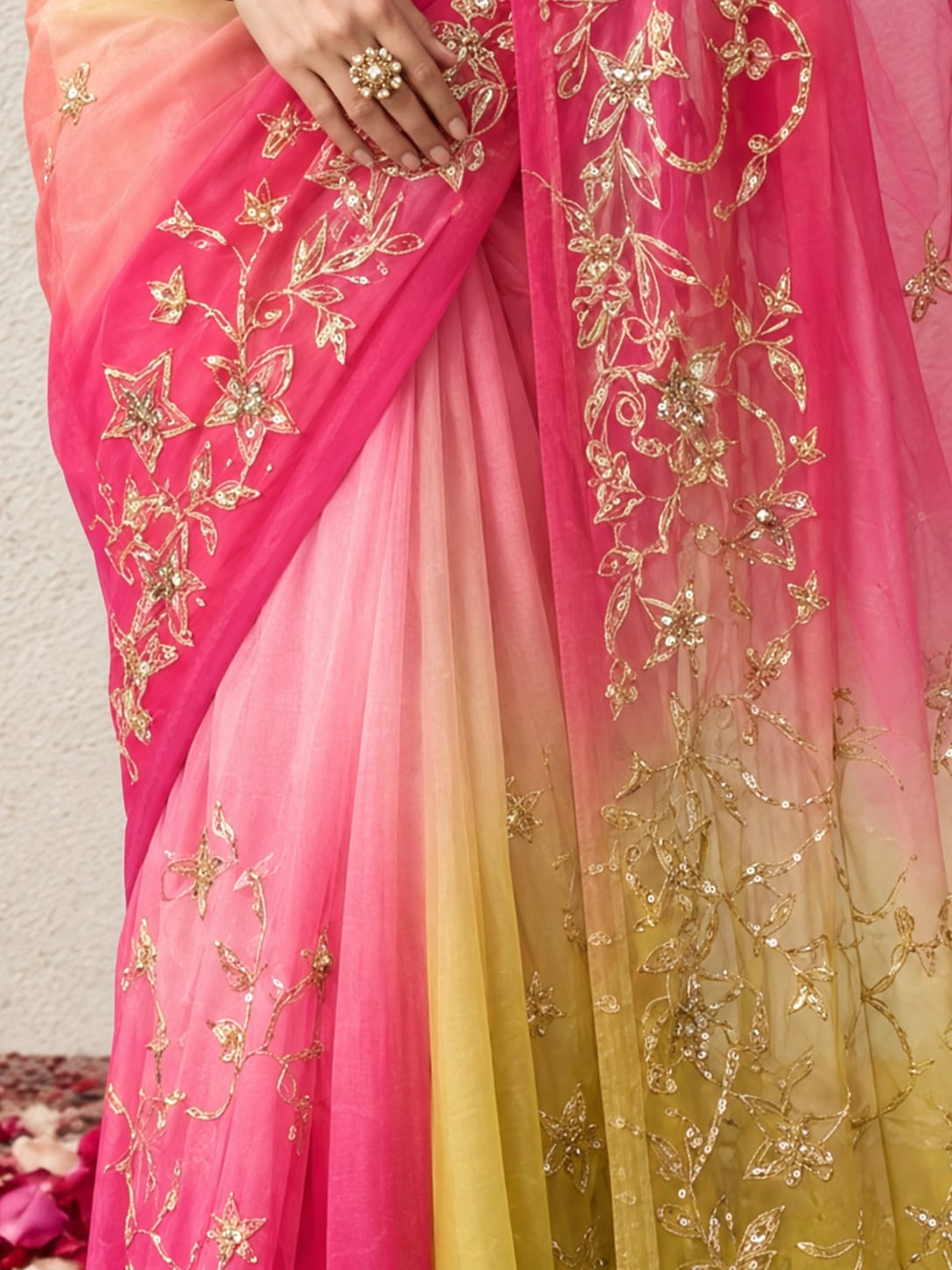 Pink and Yellow Ombre Gota Patti Kairi Border Pure Silk Chiffon Saree with Crepe Blouse Fabric