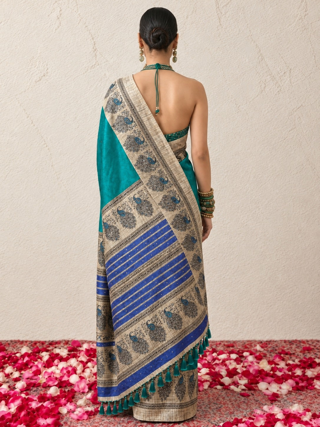 Blue and Green Peacock Printed Saree with Blouse Fabric