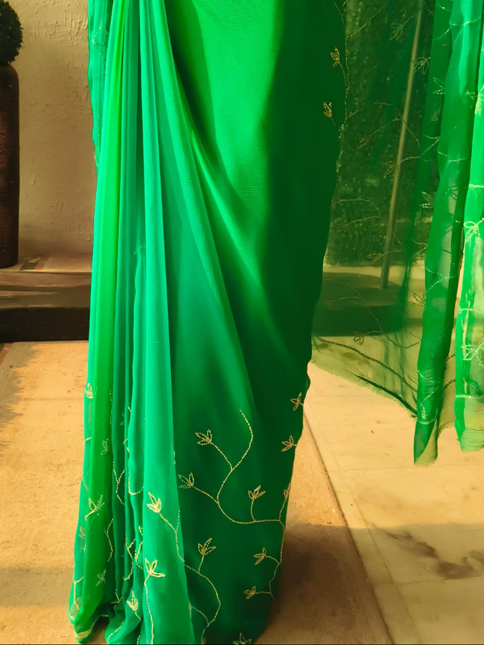 Blue Green Ombre Silk Chiffon Saree with Allover Hand Embroidery with Crepe Blouse Fabric
