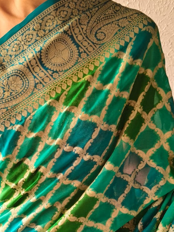Blue Khaddi Georgette with Green Turq Design and Blouse Fabric