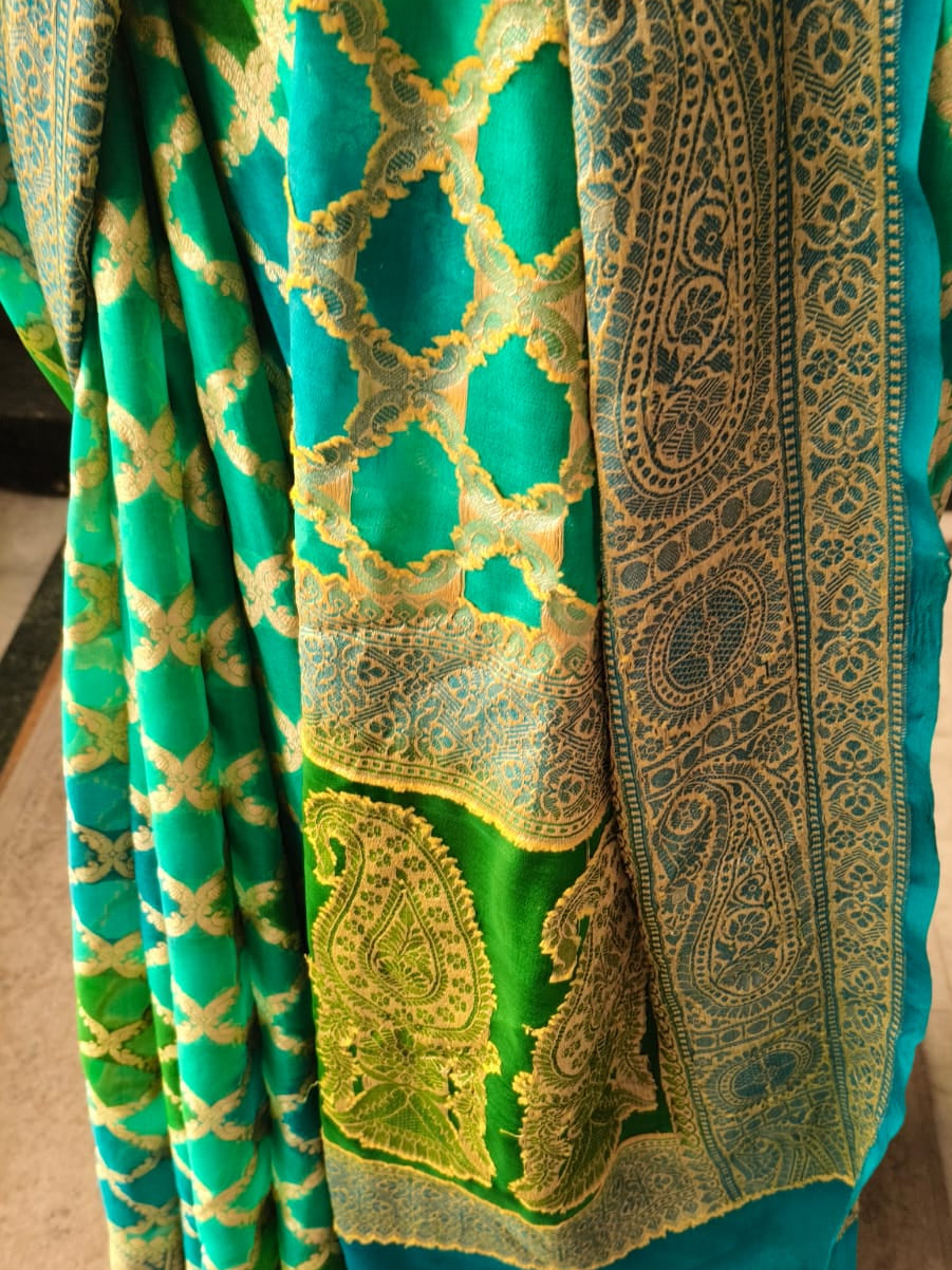 Blue Khaddi Georgette with Green Turq Design and Blouse Fabric