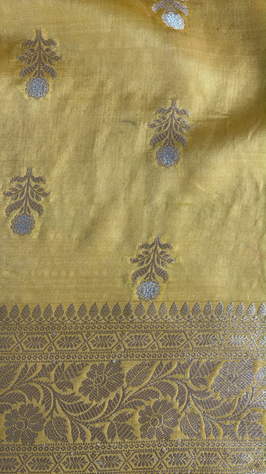 Yellow and Gold Silver Pure Silk Saree with Meenakari and Blouse Fabric