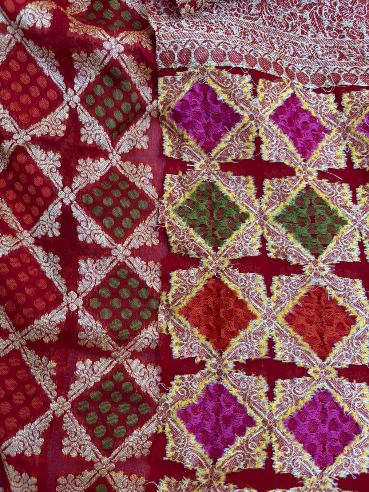 Maroon Khaddi Georgette with Green Pink Orange Design and Blouse Fabric