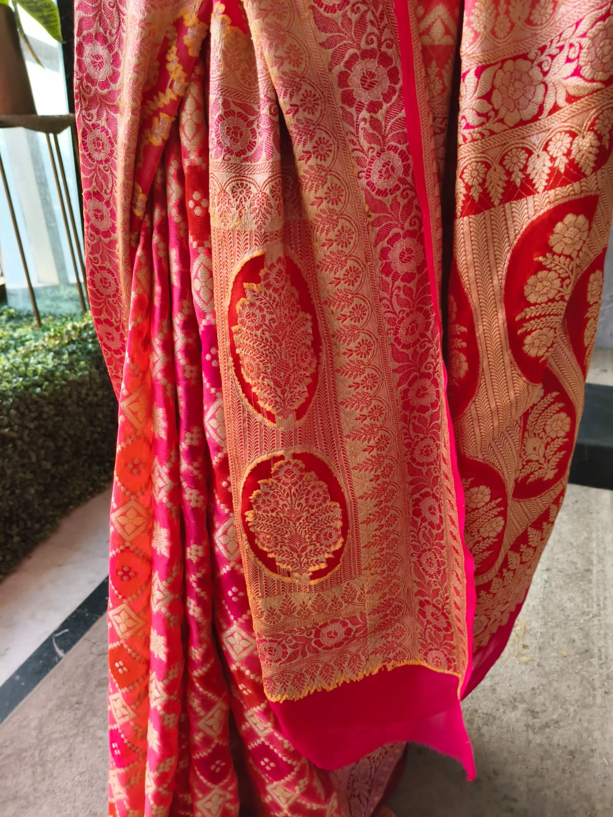 Pink Khaddi Georgette with Fuchsia Orange Design and Blouse Fabric