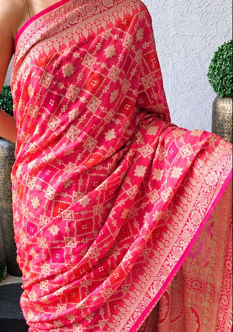 Pink Khaddi Georgette with Fuchsia Orange Design and Blouse Fabric