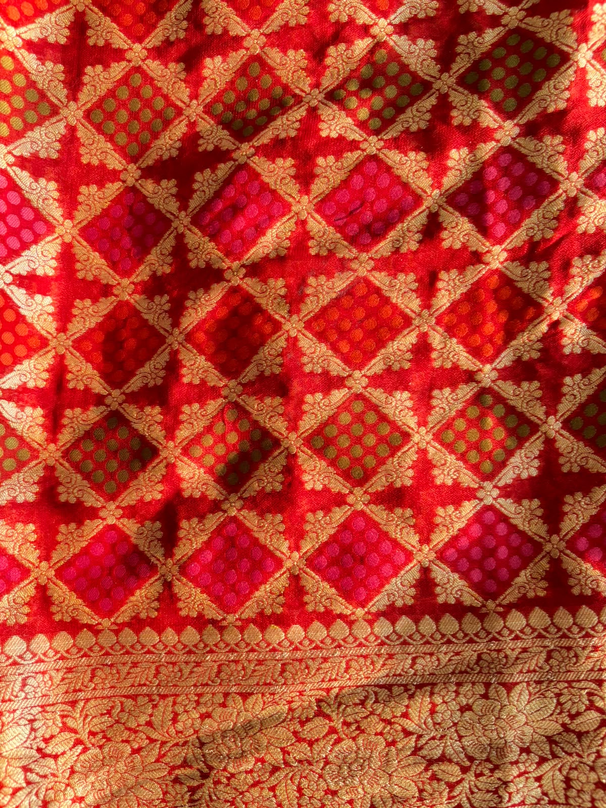 Maroon Khaddi Georgette with Green Pink Orange Design and Blouse Fabric