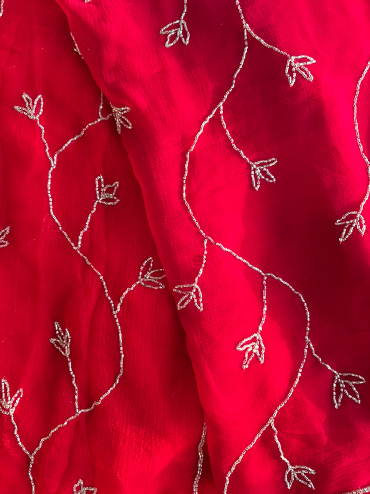 Red Pink Ombre Silk Chiffon Saree with Allover Hand Embroidery with Crepe Blouse Fabric