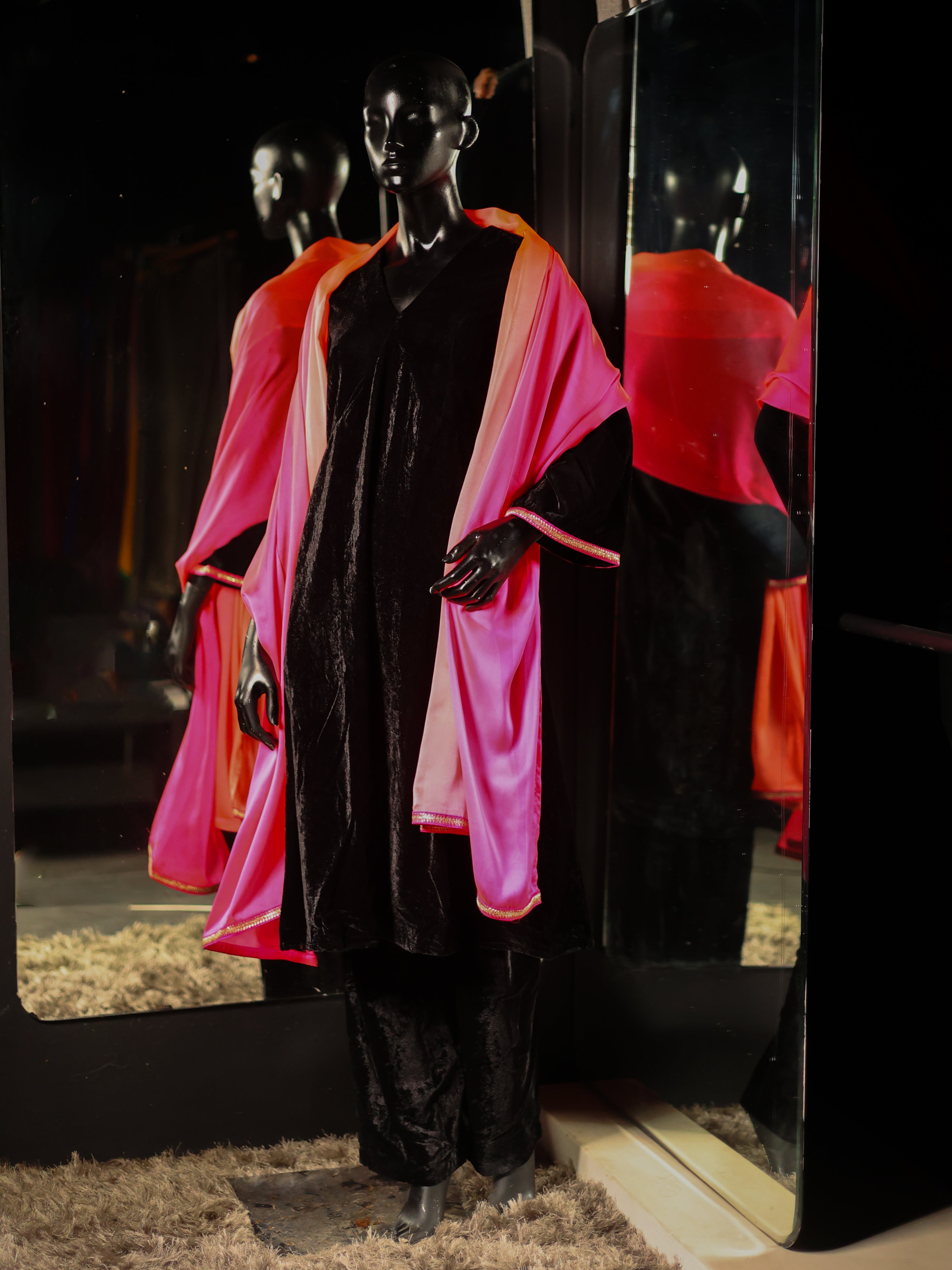 Women's Black Velvet Kurta with Pant and Pink Sunset Dupatta with Lace 3 Piece Set | Straight Fit, Round Neck, Full Sleeves, Pants, Festive Wear, (Velvet)