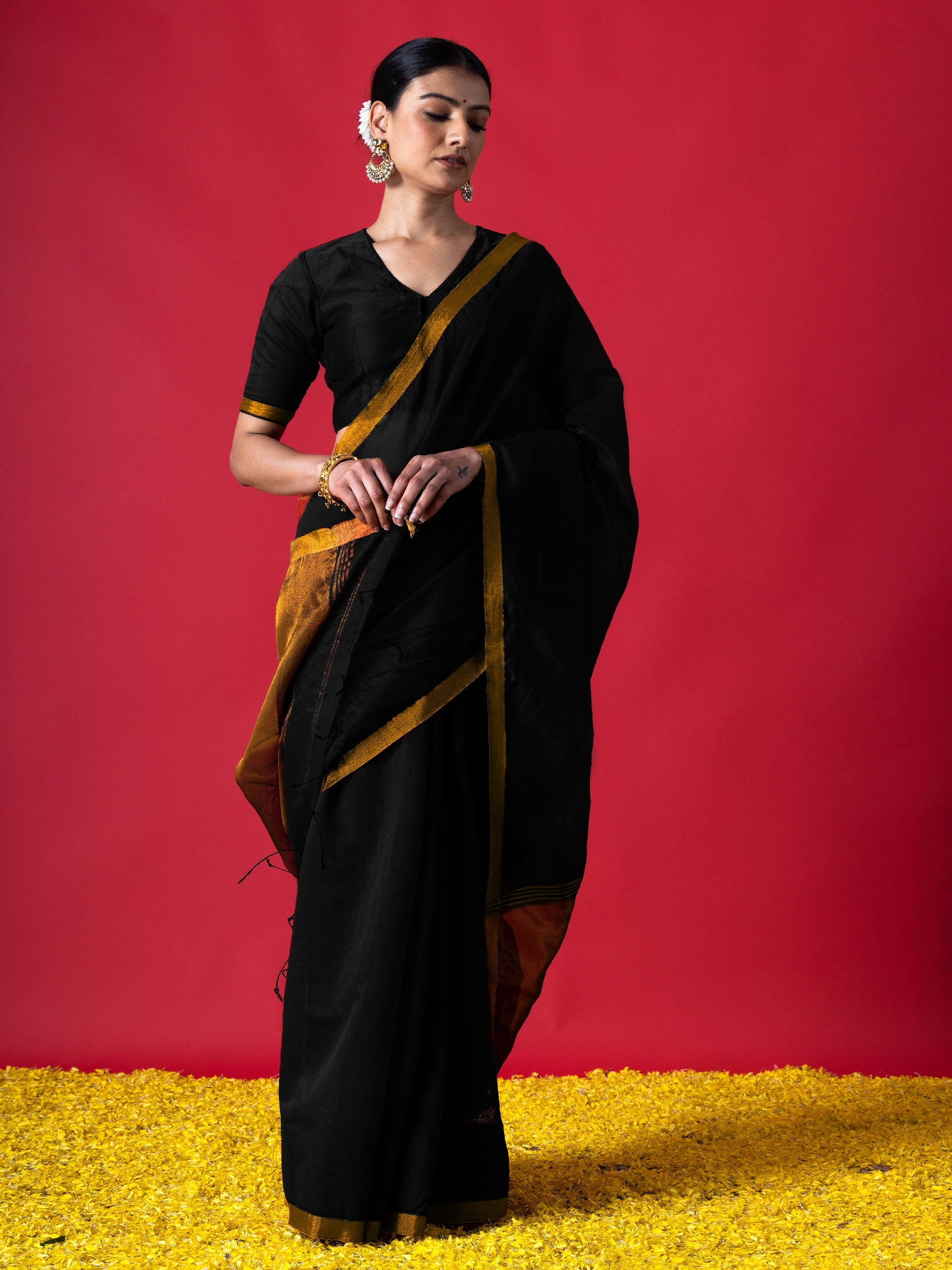 Black & Bronze Cotton silk Saree with Blouse Fabric