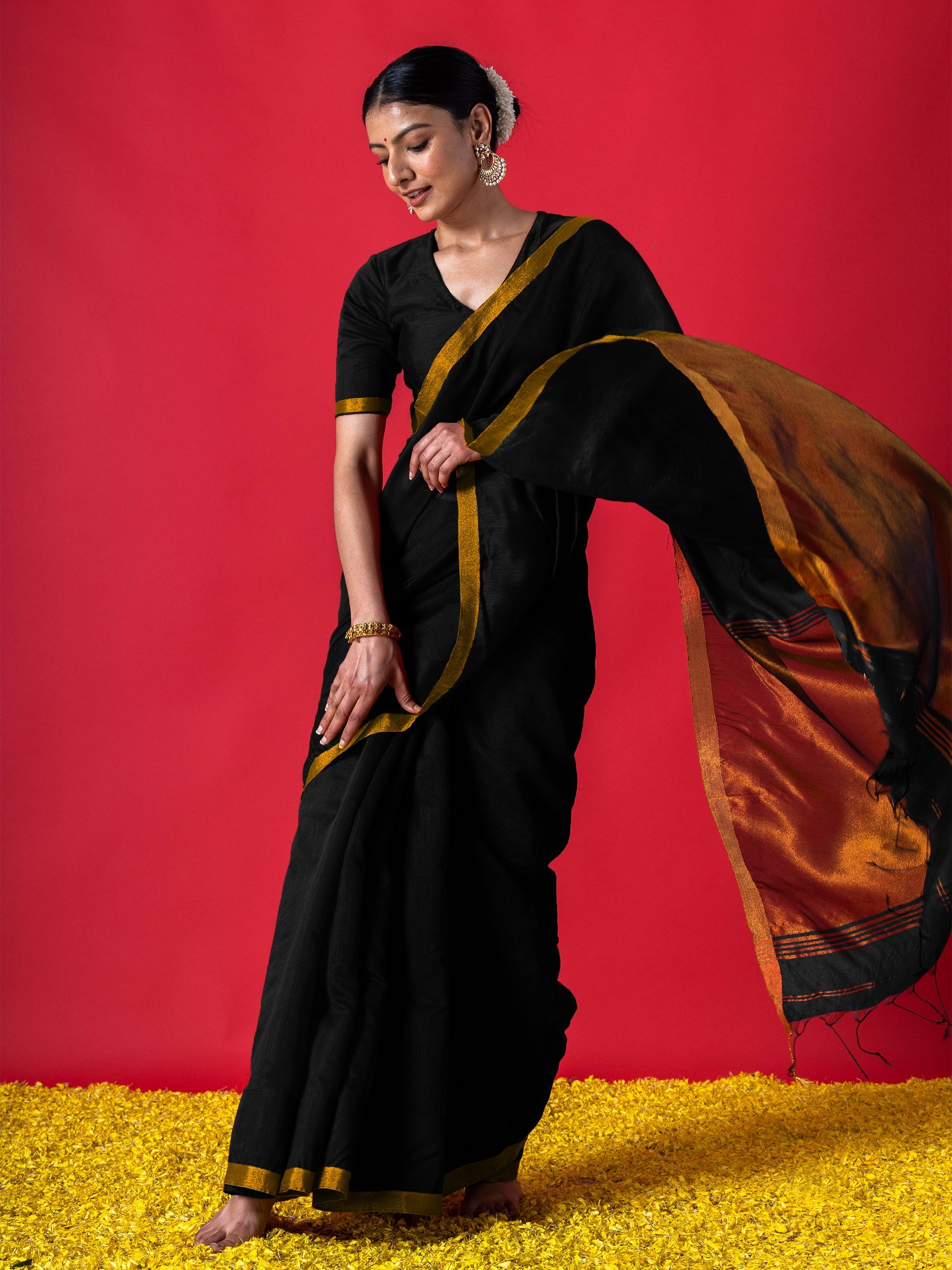 Black & Bronze Cotton silk Saree with Blouse Fabric