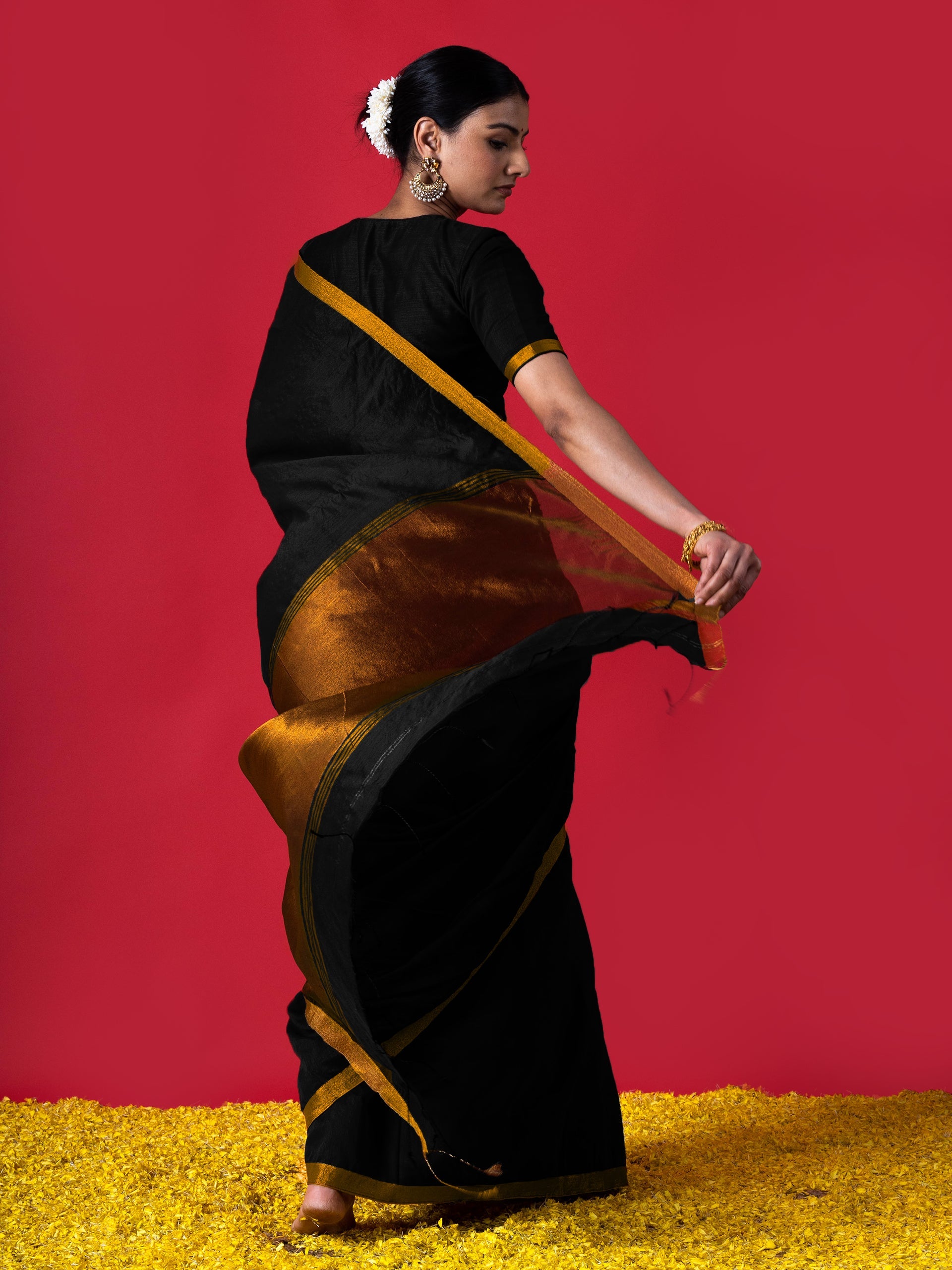 Black & Bronze Cotton silk Saree with Blouse Fabric