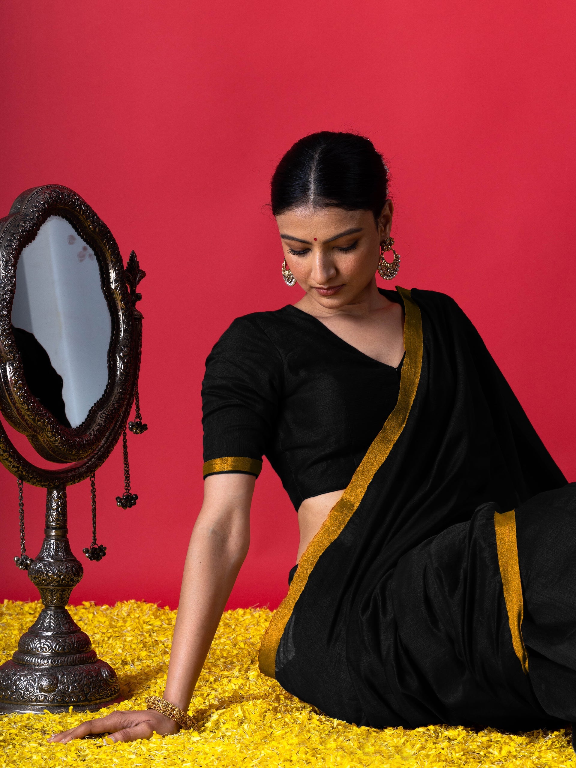 Black & Bronze Cotton silk Saree with Blouse Fabric