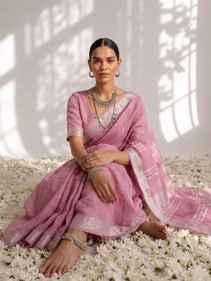 Blush Lavender Linen Saree with Self Blouse Fabric