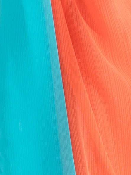 Blaze Orange and Aqua Fusion Textured Chiffon Saree with Self-Blouse Fabric