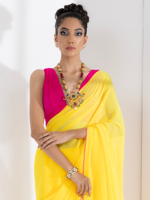 Corn Yellow Textured Chiffon Saree with Pink Piping and Blouse Fabric