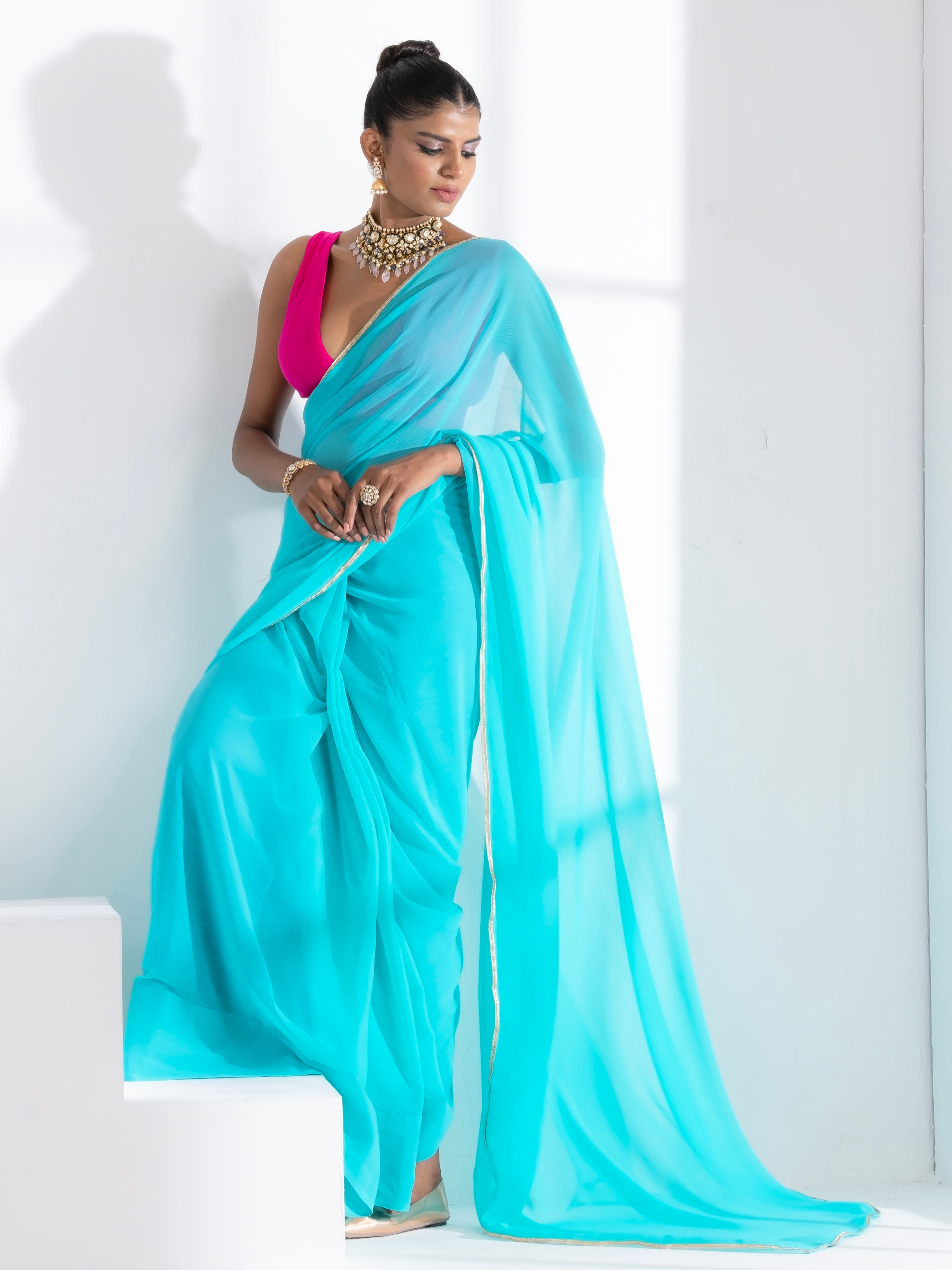 Aqua Blue Textured Chiffon Saree with Lace and Pink Blouse Fabric