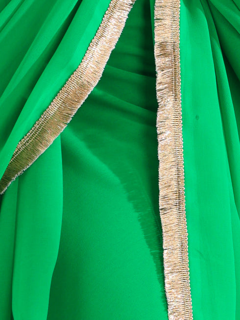 Irish Green Georgette Saree with Lace and Blue Posh Blouse Fabric