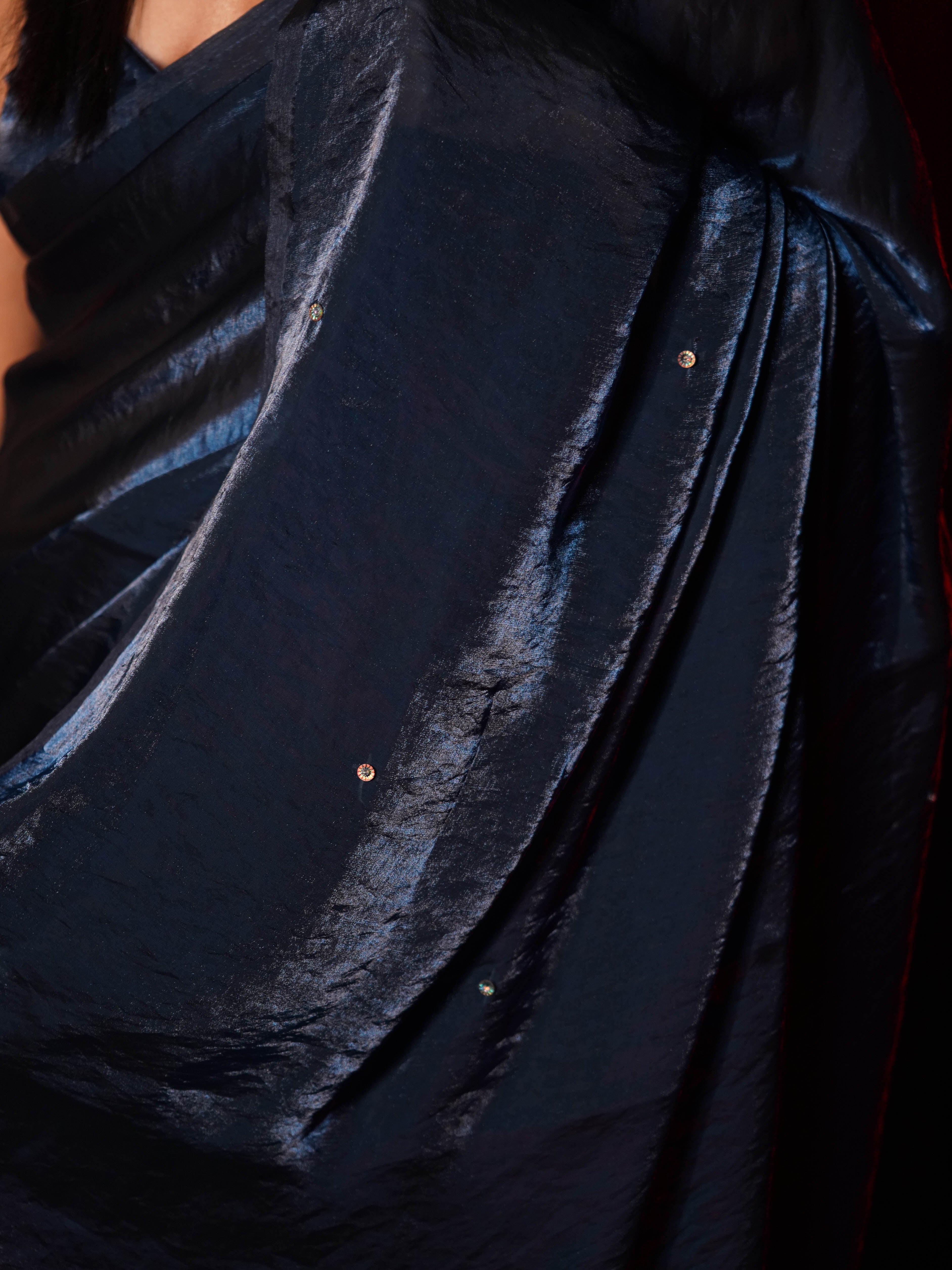Deep Blue Metallic Satin Saree with Iridescent Sequins and Blouse Fabric