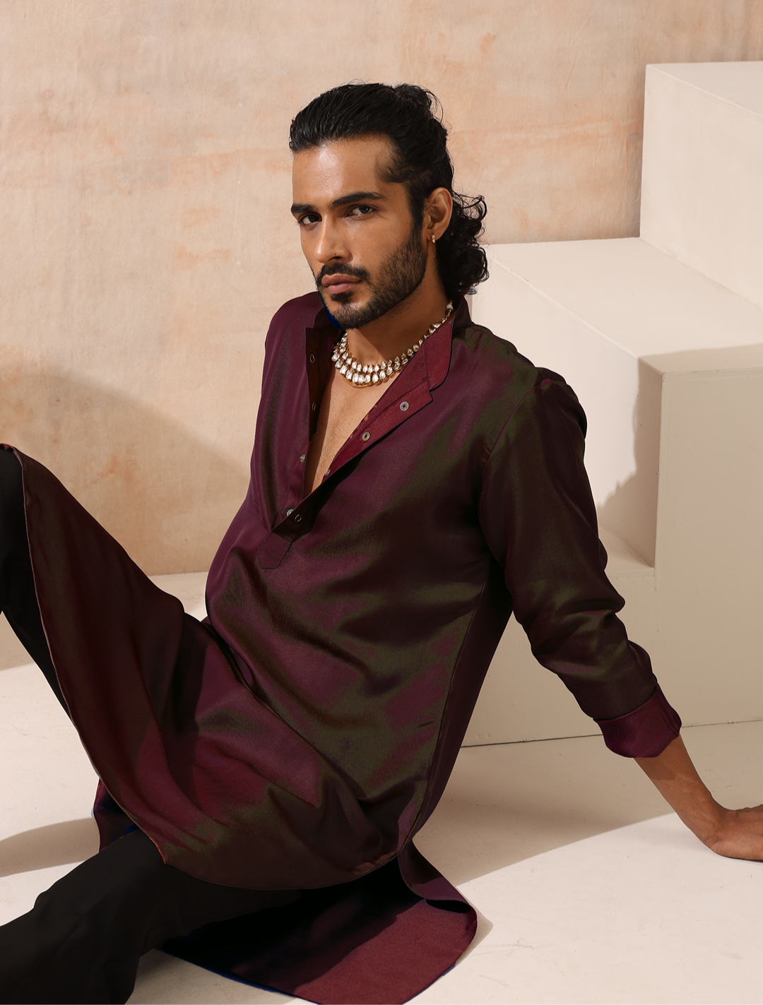 Reversible Maroon Green and Red Satin Kurta