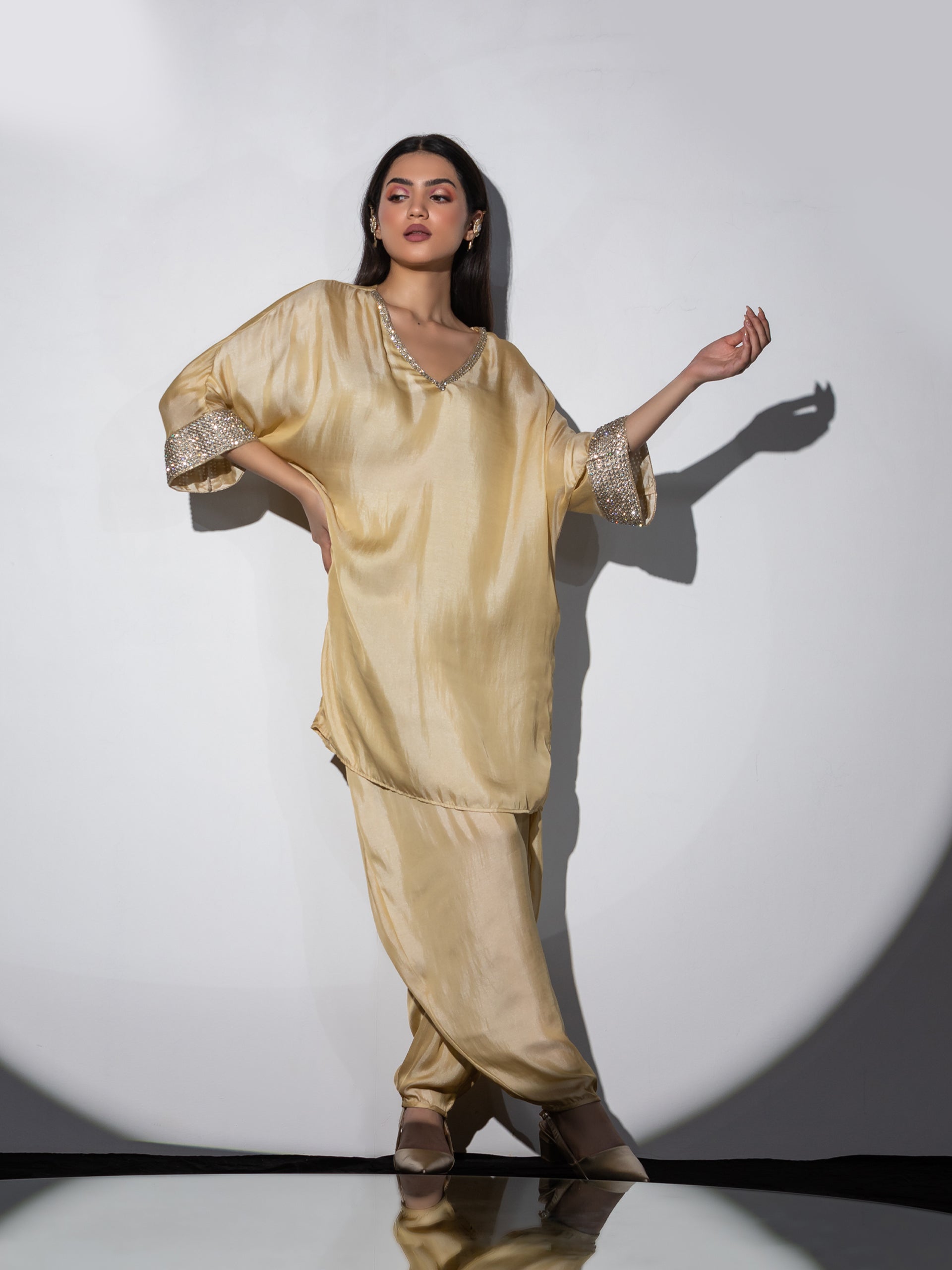 Women's Dual Shade Satin Top with Diamond Lace Set with Dhoti Pants 2 Piece Set | Straight Fit, V Neck, 3/4 Sleeves, Dhoti Pants, Partywear, (Satin)