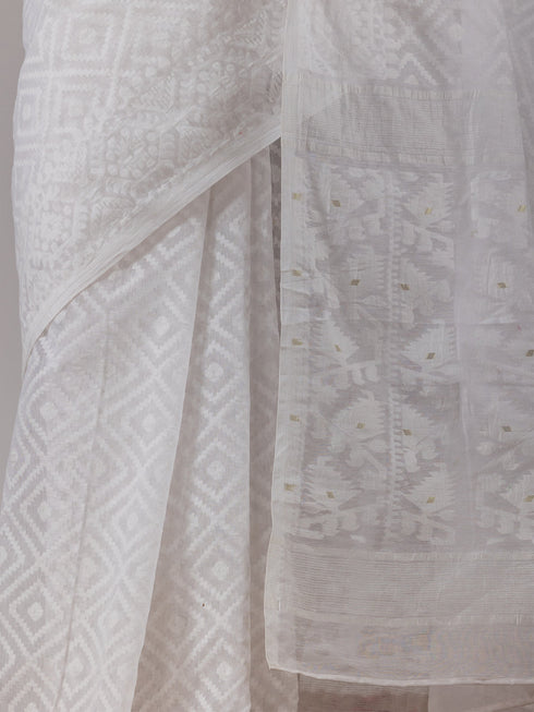 White Tercha Jamdani Handloom Cotton Saree