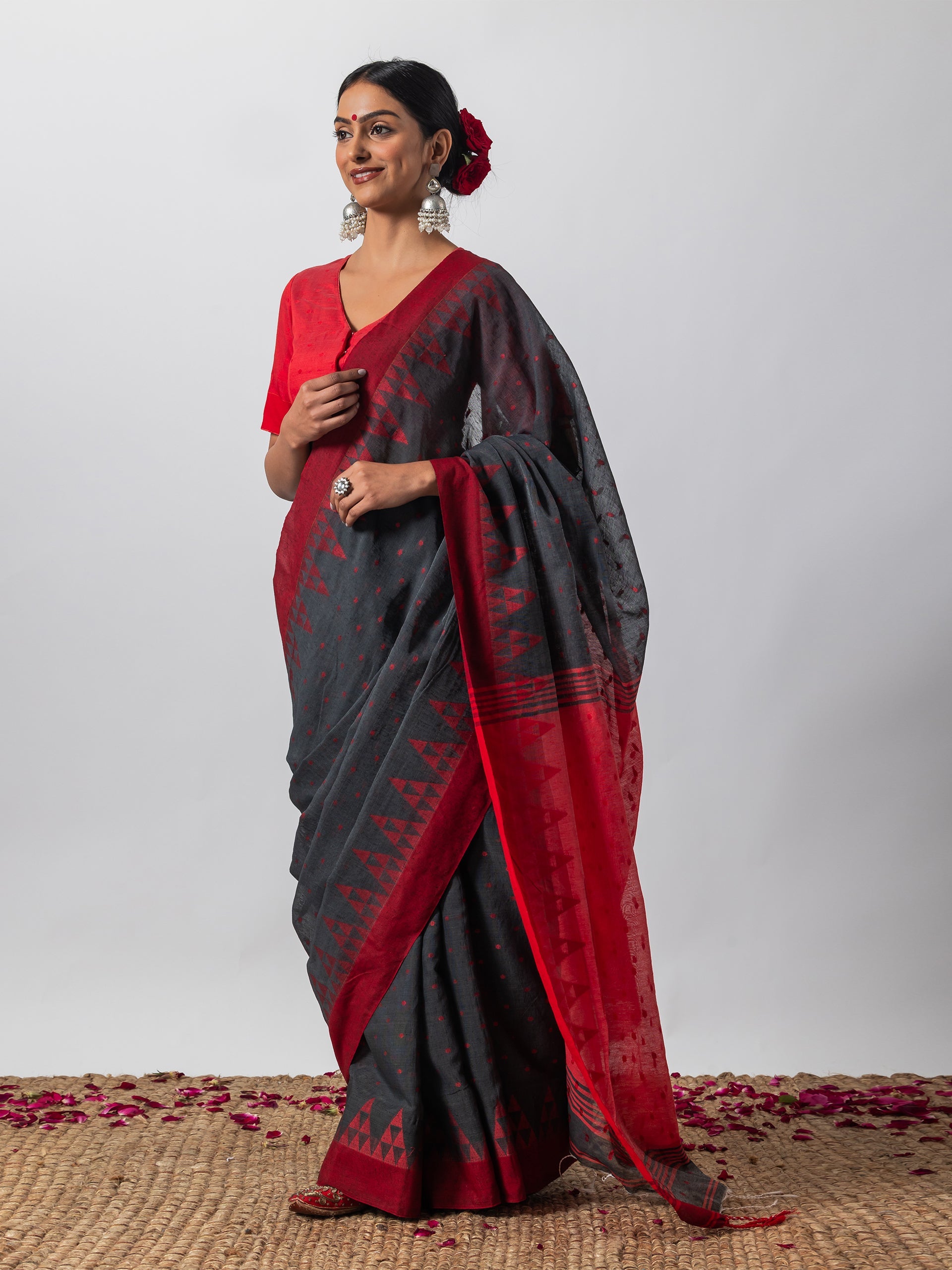 Rusted Red & Grey Handloom Saree with Blouse Fabric