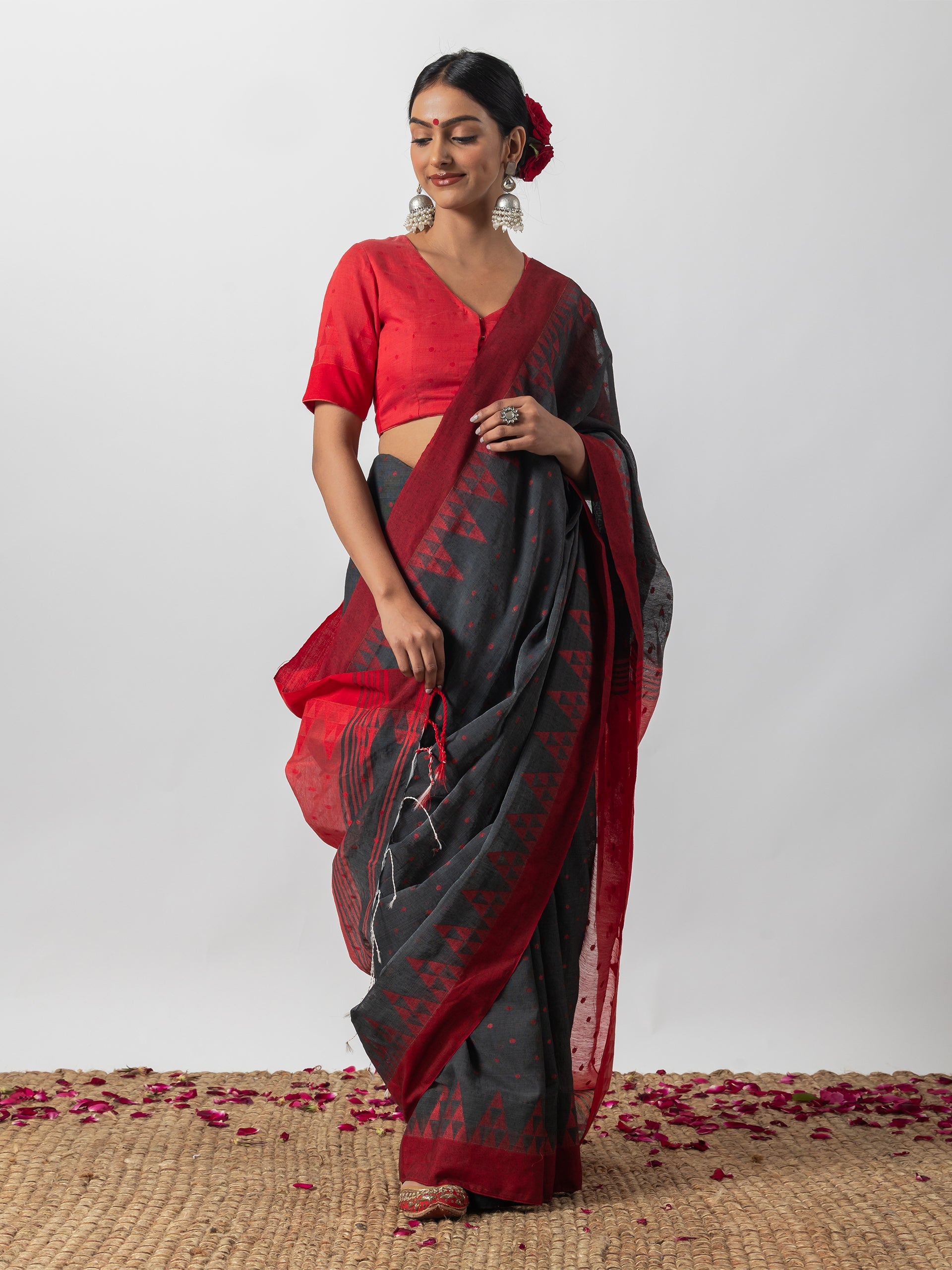 Rusted Red & Grey Handloom Saree with Blouse Fabric