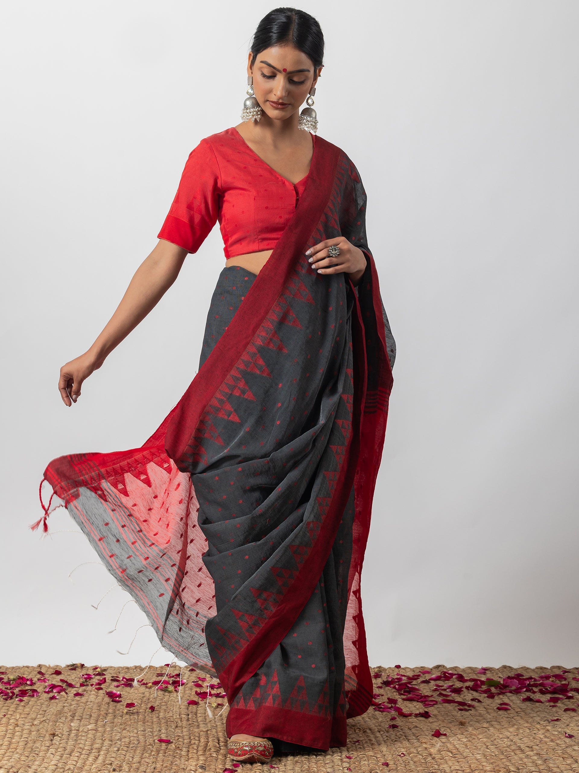 Rusted Red & Grey Handloom Saree with Blouse Fabric