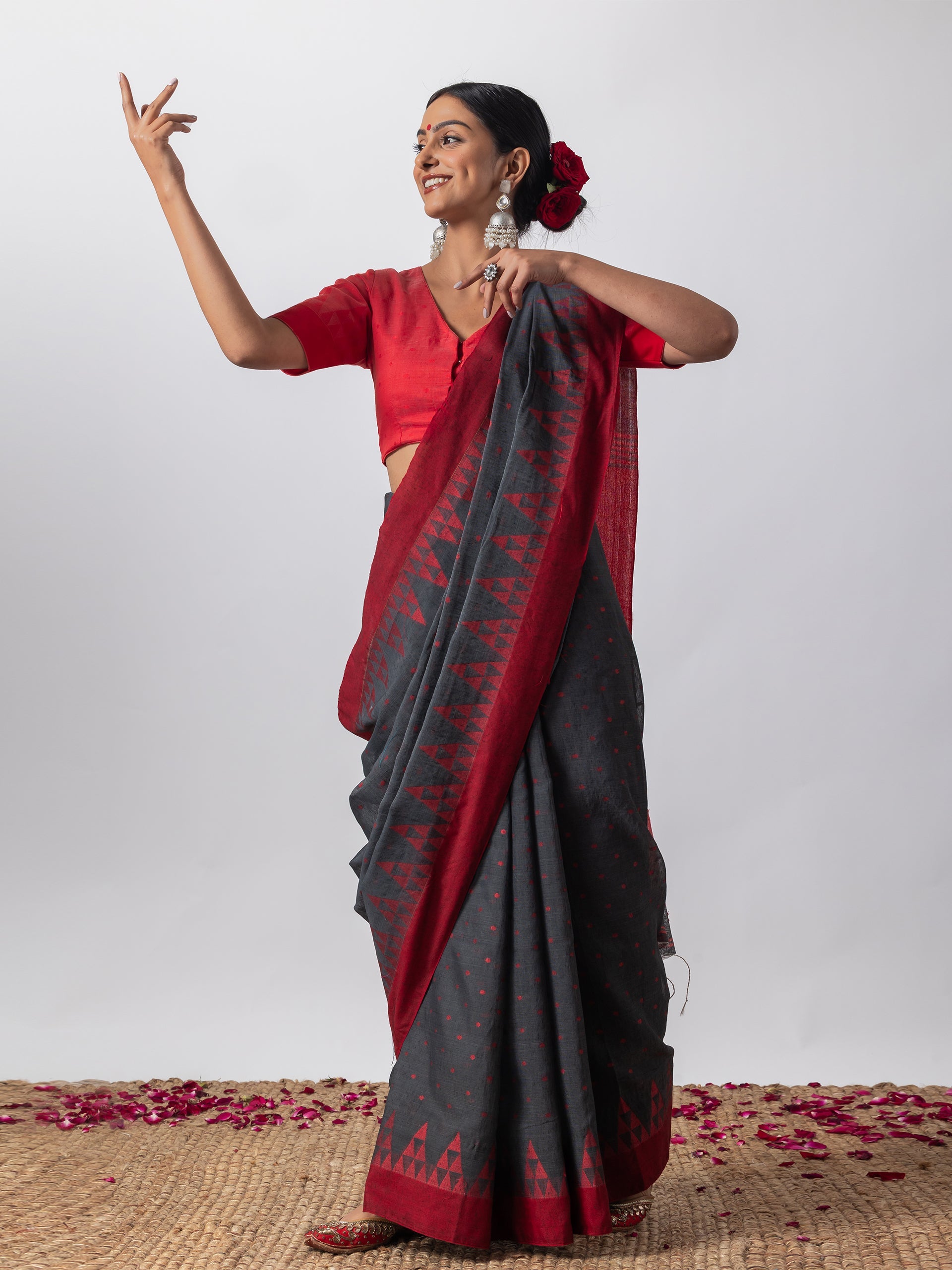 Rusted Red & Grey Handloom Saree with Blouse Fabric