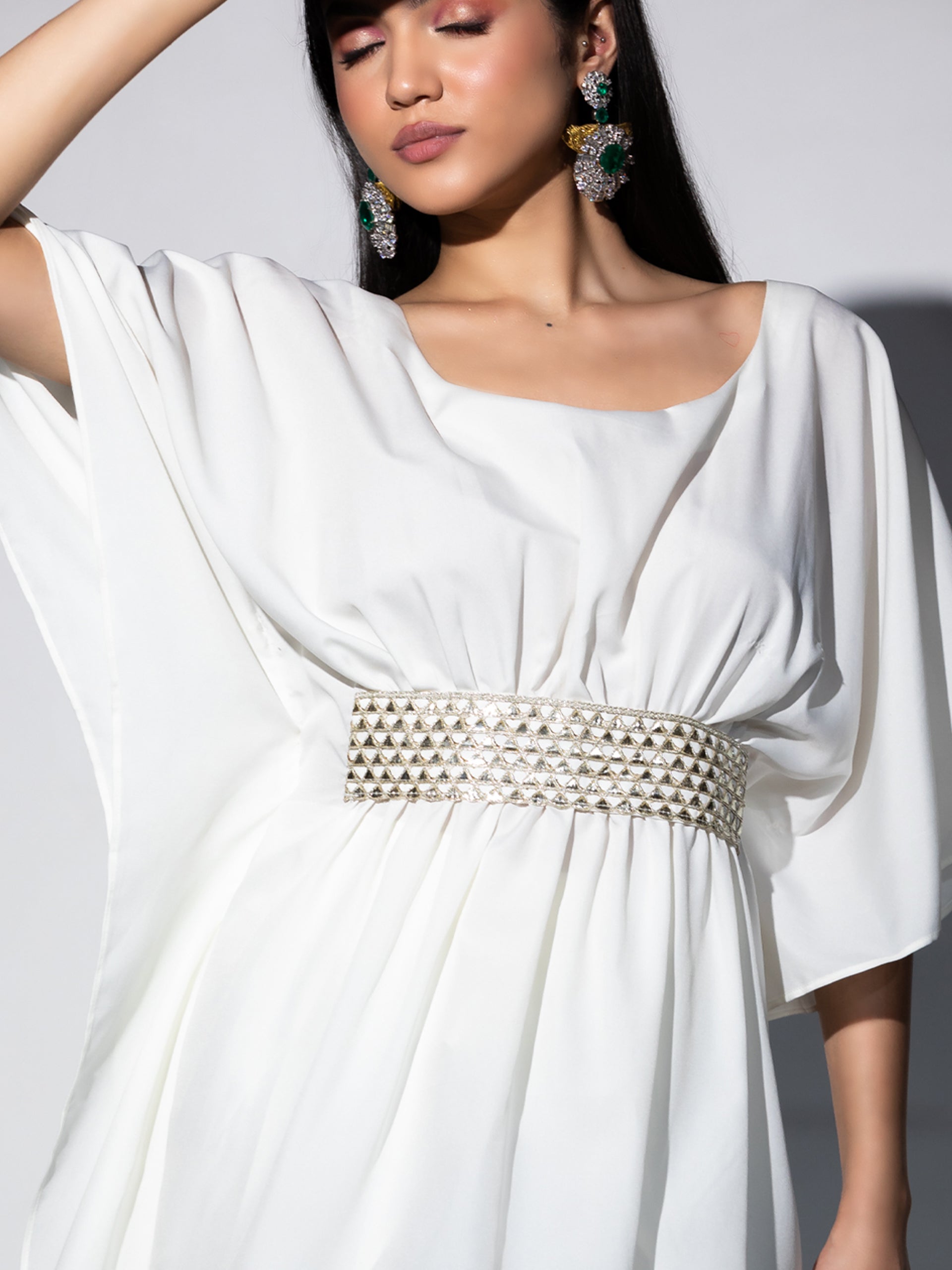 Women's Off White Crepe Short Kurta Top with Lace 1 Piece | Straight Fit, U Neck, 3/4 Sleeves, Work wear, Casual Wear, (Crepe)